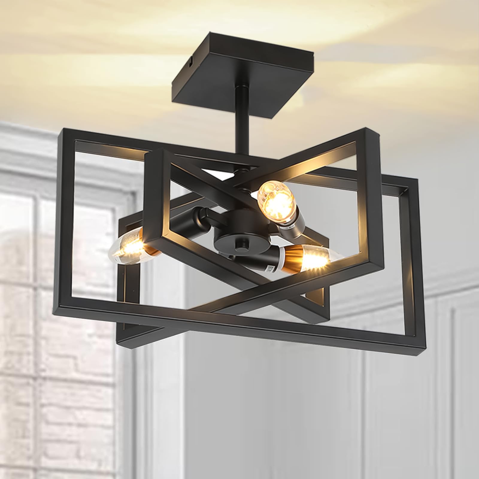 Axamate Farmhouse Black Ceiling Light 3 Lights Rectangular Chandelier with Metal Cage Semi Flush Mount Ceiling Light for Kitchen