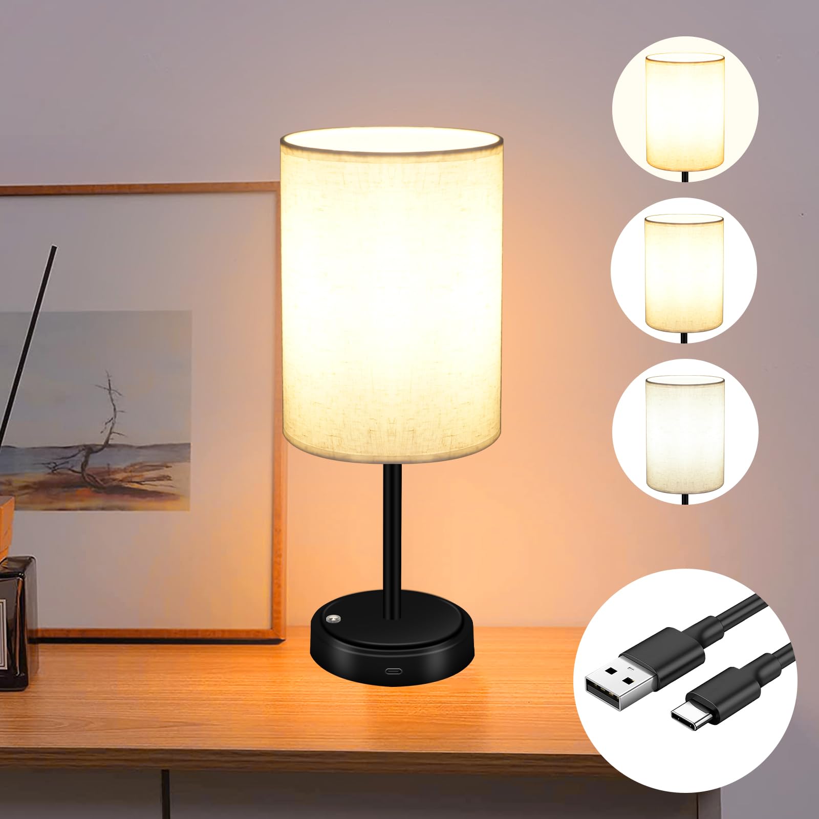 LHYueTong Portable LED Desk lamp, Cordless Bedside Touch Night Light, Built-in Rechargeable Battery, 3-Level Brightness Adjustme