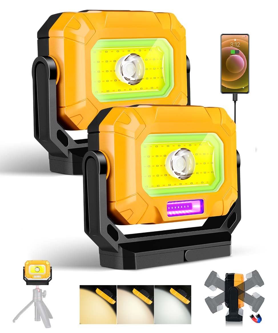 Keadeso 2Pack Magnetic Work Light, 1500Lm Led Work Light, 4000Mah Rechargeable Work Light With 360°Rotating Magnetic Stand & Hook, 15 Modes, Magnetic Flashlight For Car Repairing/Emergency/Camping