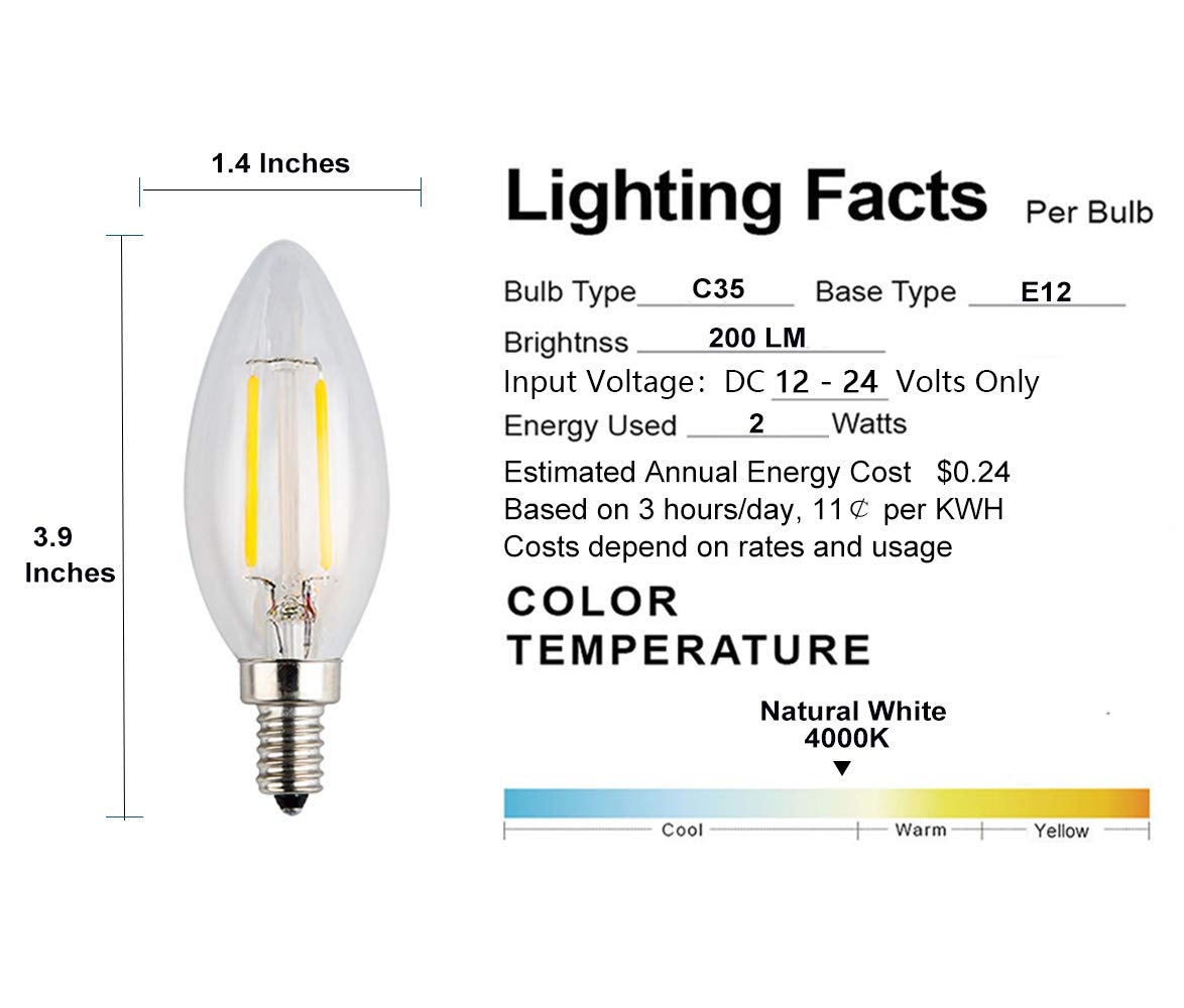 Opalray 12V Led Candle Bulb, 2W 200Lm, Dimmable, E12 Base, Natural