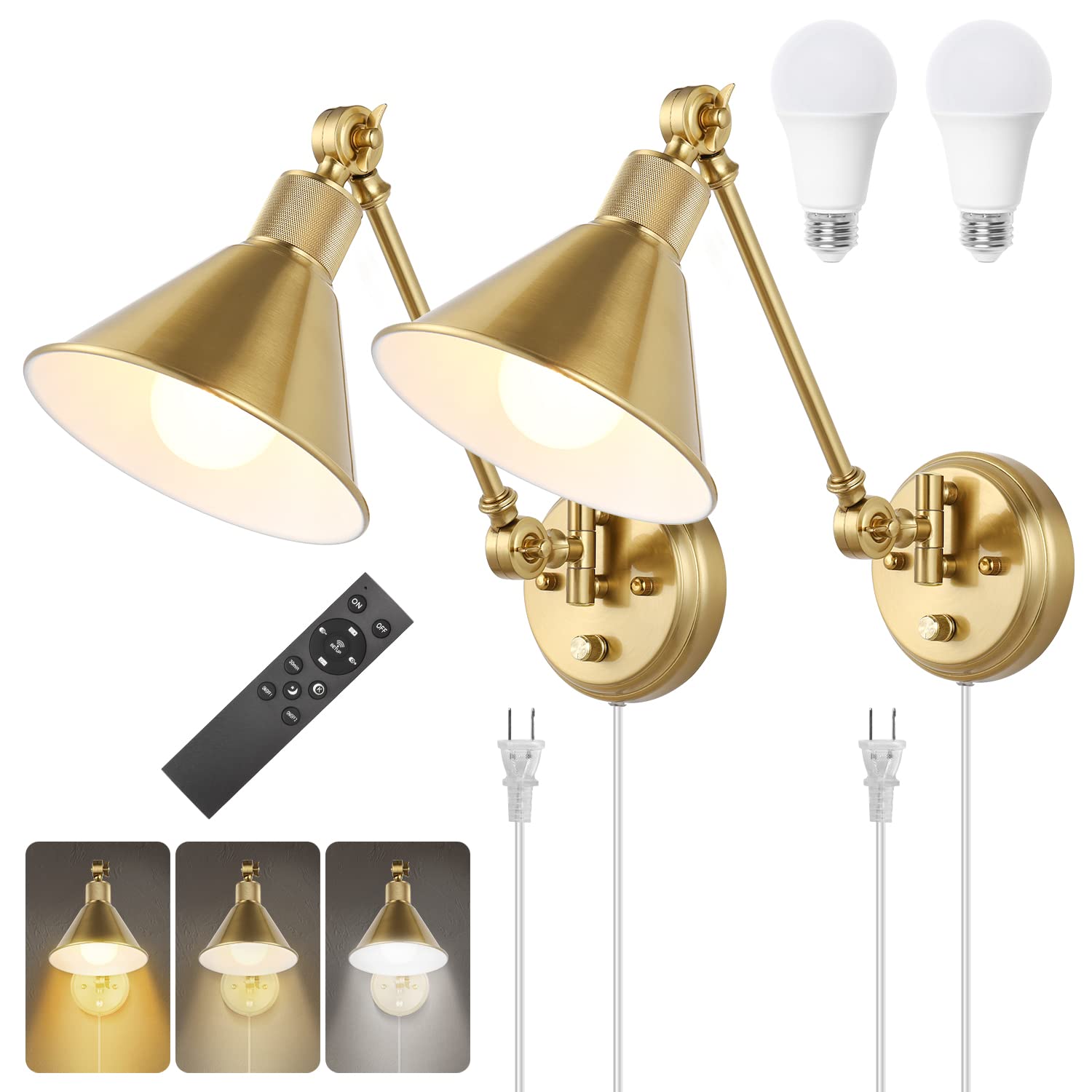 TRLIFE Dimmable Wall Sconce with Remote Control, Brass, 2 Pack, Adjustable Color Temperature 2700K-6000K, UL Listed