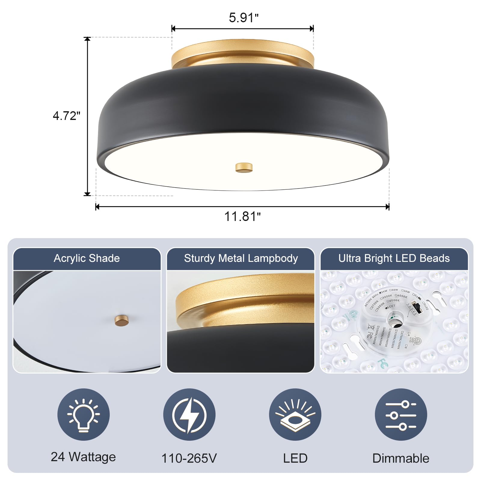 Zuyurt Dimmable Modern Led Ceiling Light,Mid-Century Black And Gold Semi Flush Mount Ceiling Light, With Acrylic Shade, 5Cct 270