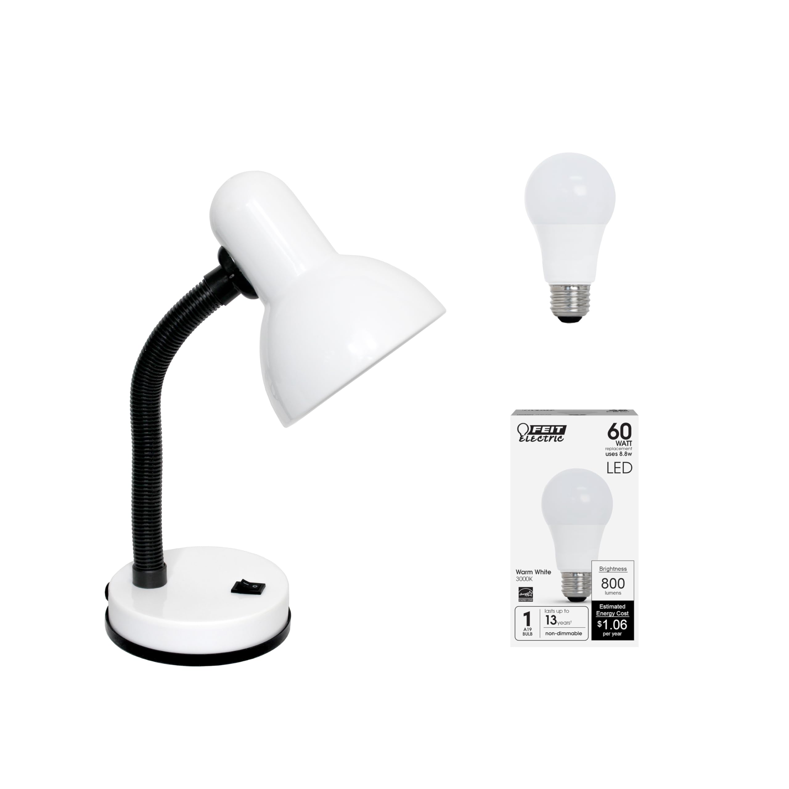 Simple Designs Ld1003-Wht-Lb 14.25'' Basic Metal Desk Lamp With Flexible Hose Neck For Office, Living Room, Bedroom, College Dor