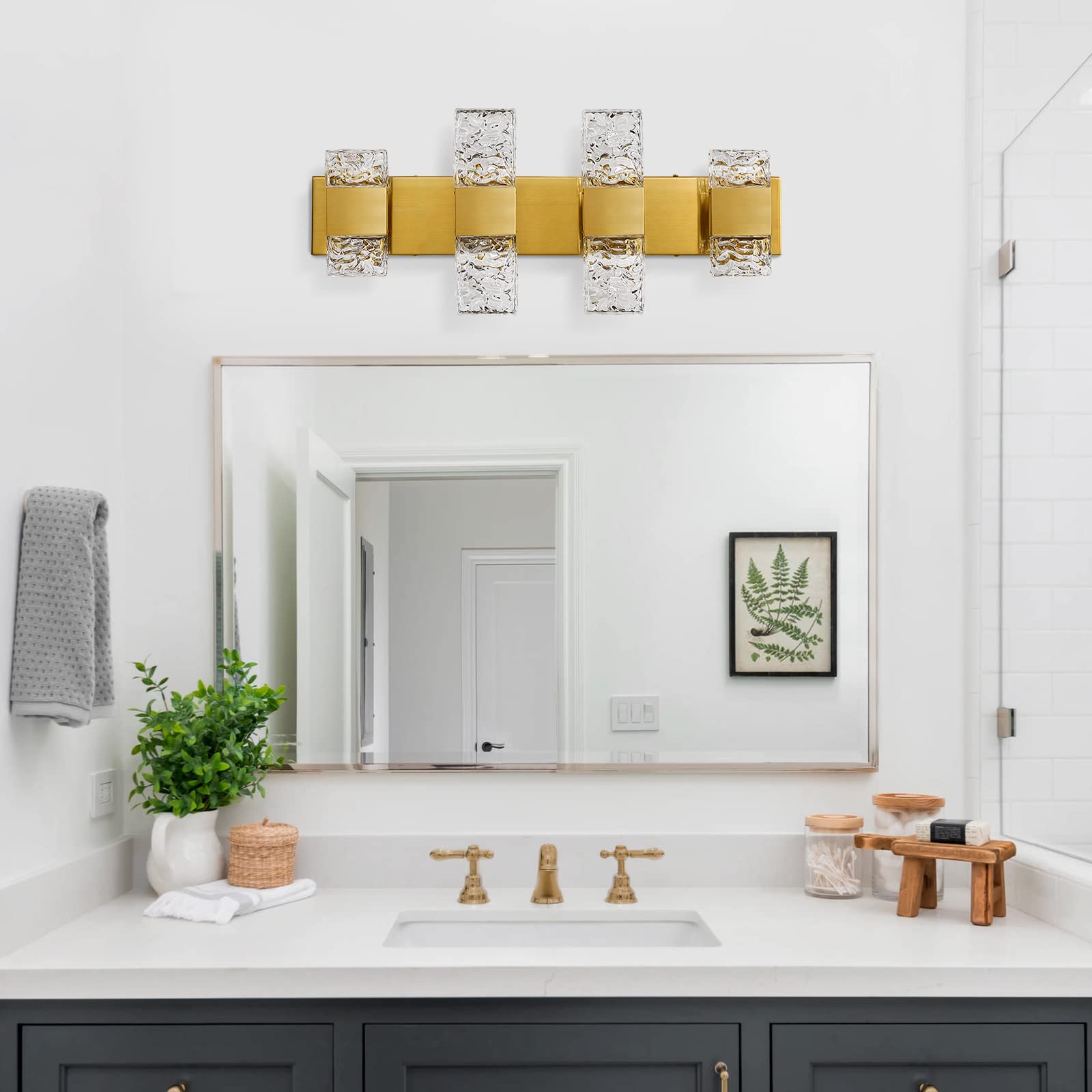 Epinl 4-Light Gold Bathroom Vanity Light Fixtures, Brushed Gold Iron & Crystal Wall Sconces, Model 8013WL-04GD-US, Modern 4000K LED