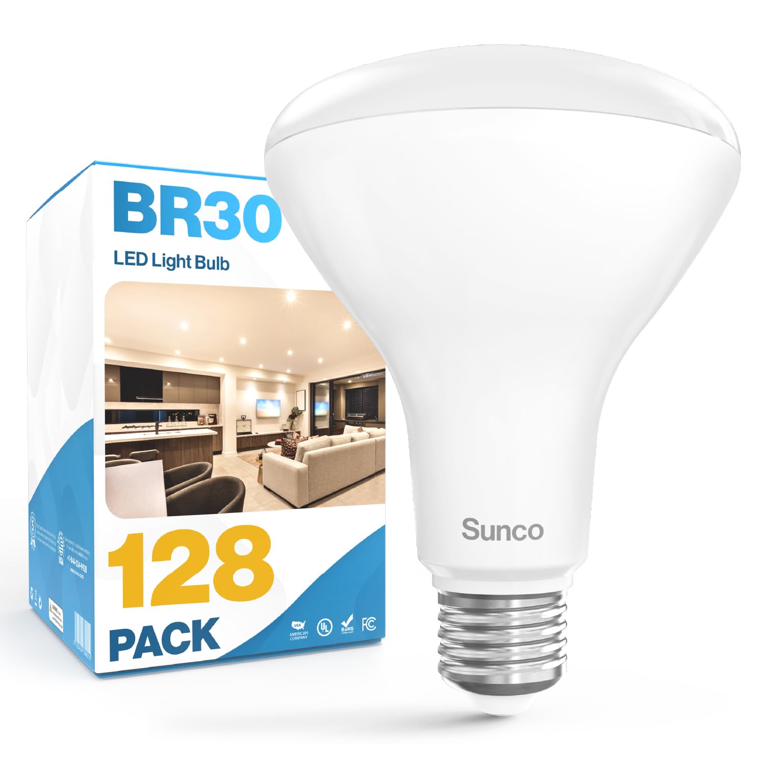 Sunco 128 Pack BR30 Light Bulb LED Recessed Can Light Bulbs, Indoor Flood Lights 850 LM, 11W (65W Equivalent), 2700K Soft White,