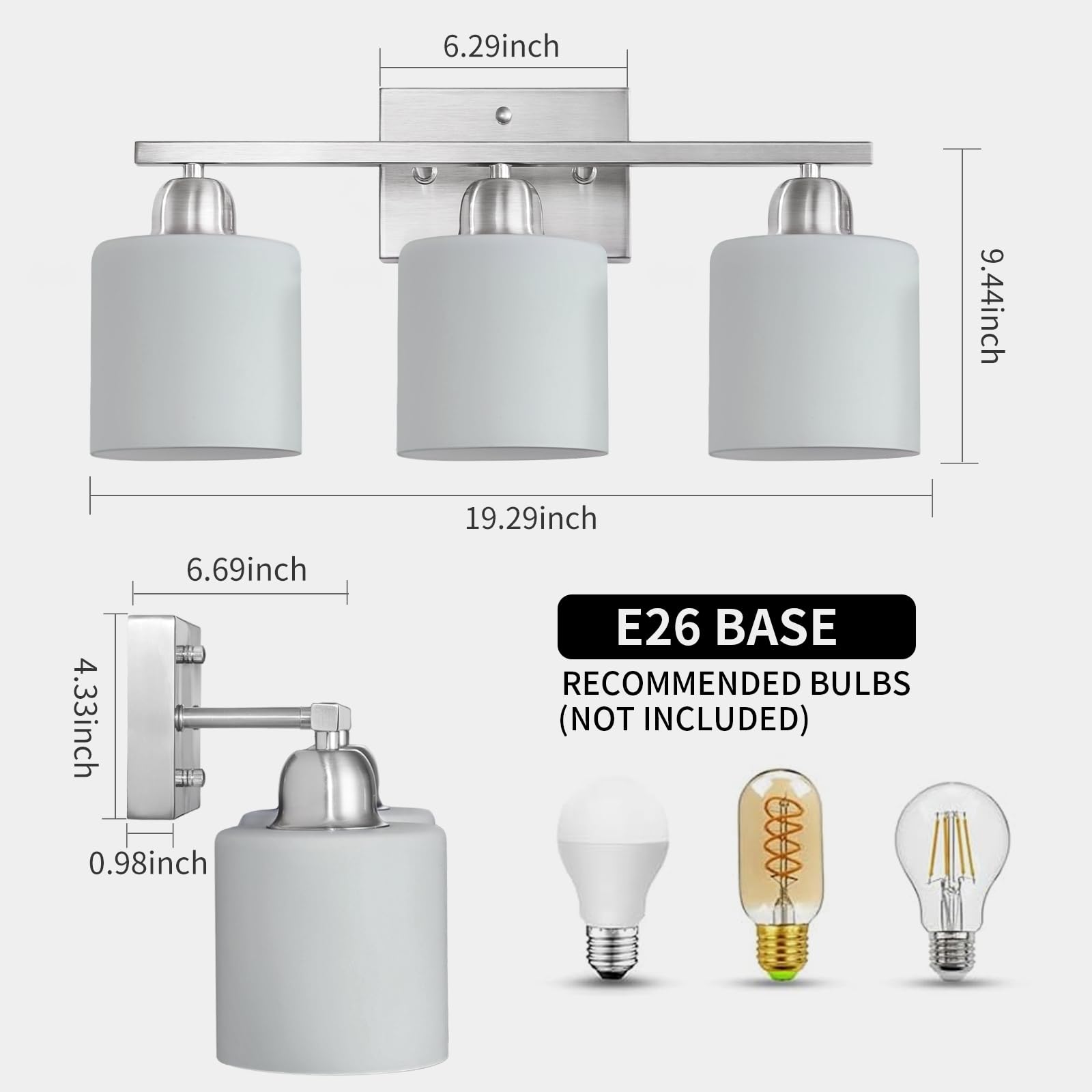 Faishilan 3-Light Brushed Nickel Vanity Light With Frosted Glass For Bathroom & Living Room