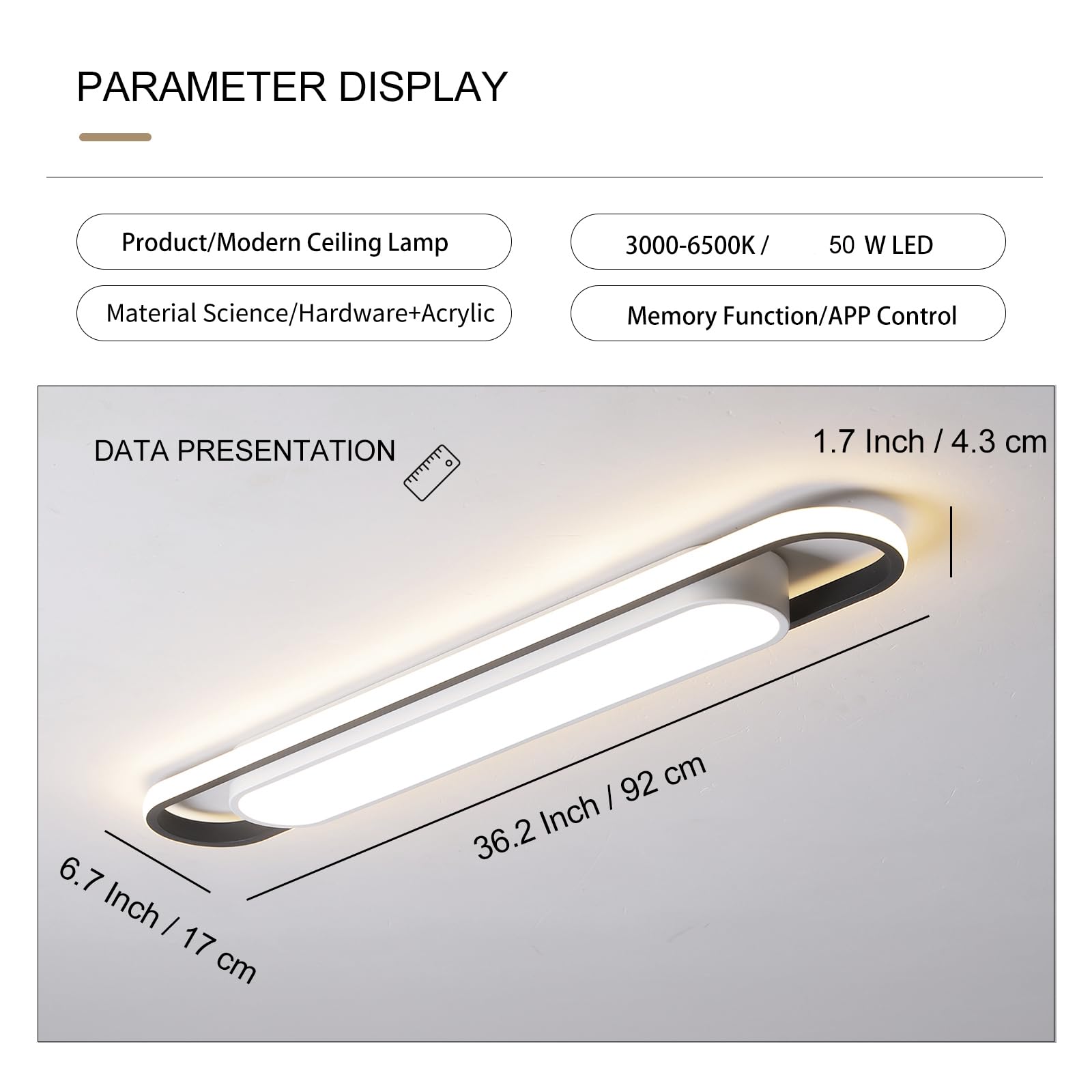 Naroume Dimmable LED Ceiling Light - Modern 36.2" Aluminum Fixture with Remote Control, CRI 97+, for Kitchen & Dining Room