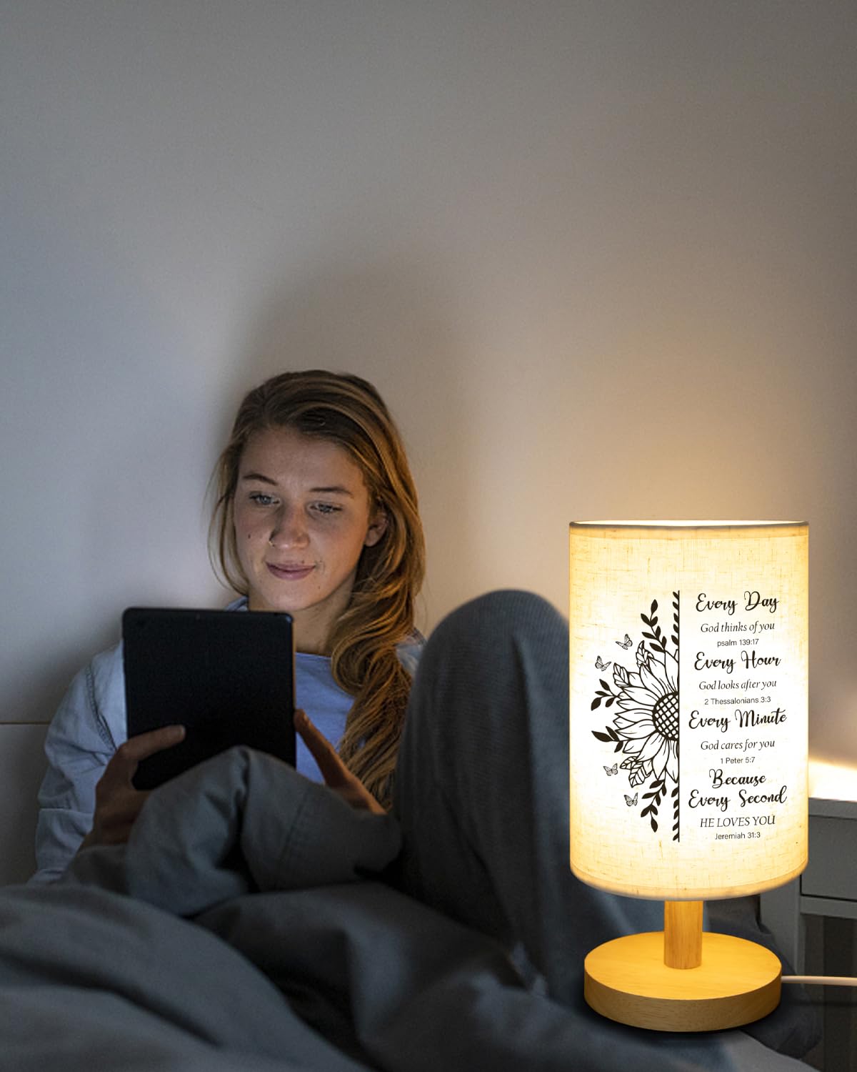 Calibron Christian Gifts Table Lamp, White Fabric with Bible Verse - Inspirational Religious Easter Gift for Women, Model KKJJ04320