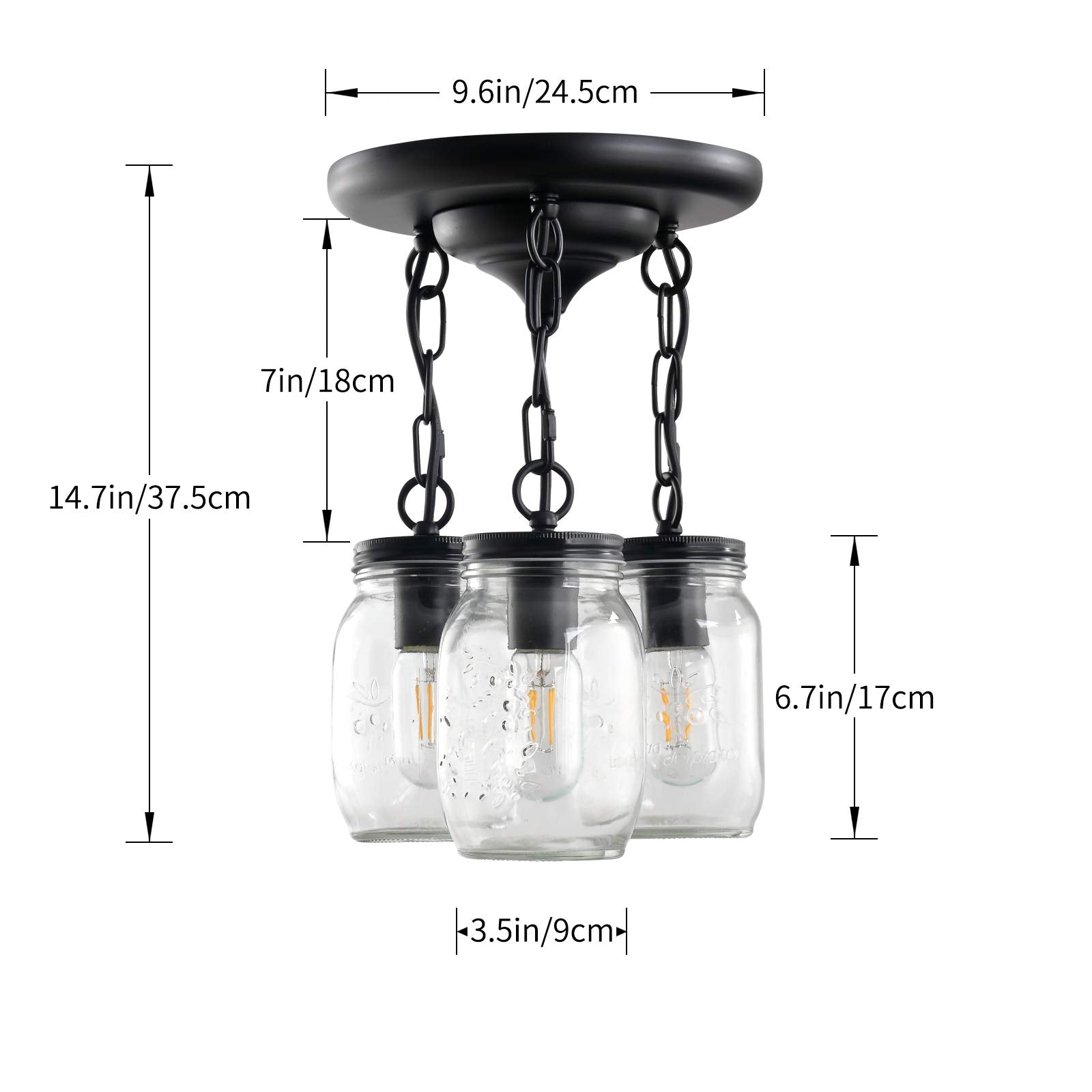 UShe DHome Black Pendant Light, 3-Light Clear Glass Mason Jar Fixture, Model AY-0836-3C-BK, Ideal for Kitchen, Dining Room, Hallway