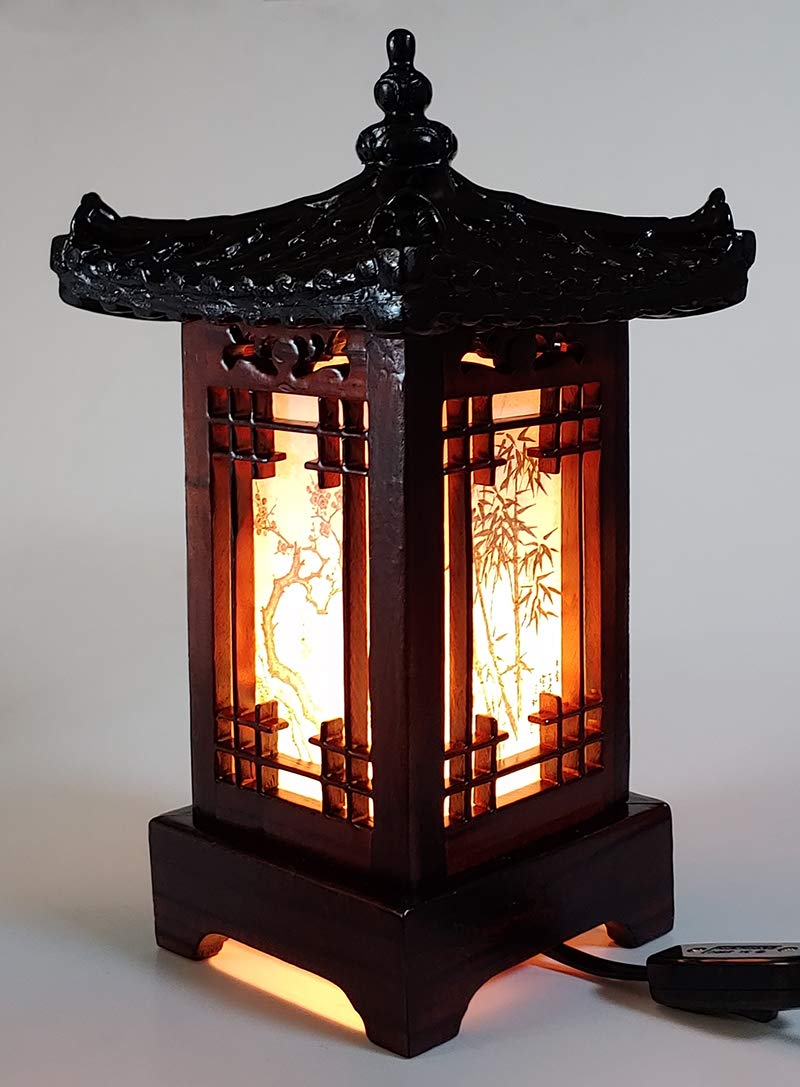Antique Alive Traditional Korean Wood Lamp - Handmade Pagoda Table Lantern, Brown Accent Light for Bedroom, Model la105