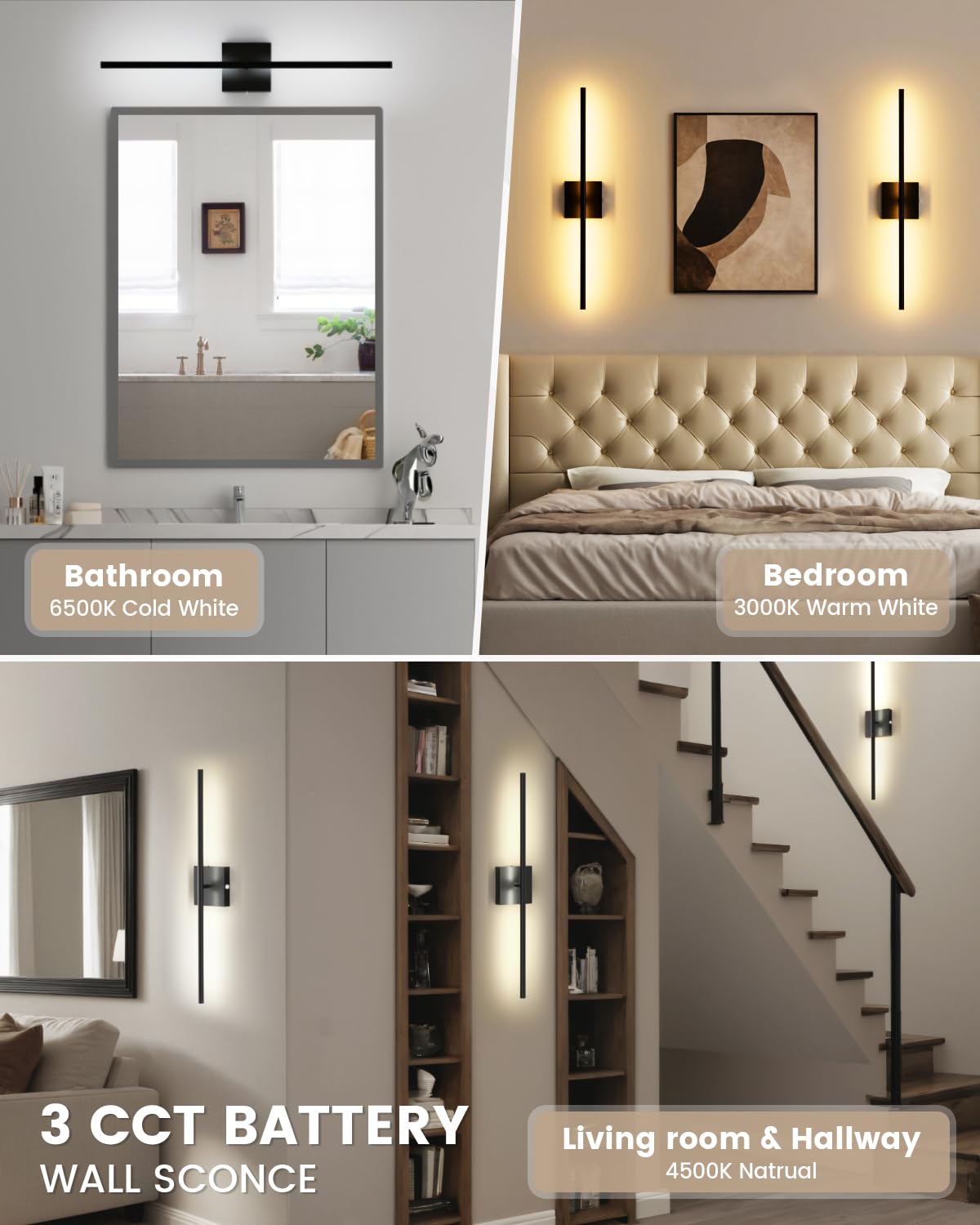 Volisun Battery Operated Wall Sconce Set Of Two, Black Rechargeable Wall Lights With Remote Control, 3000K-6500K Dimmable Wall L