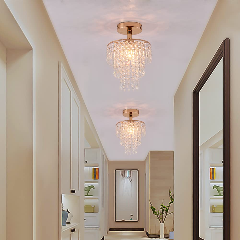 FRIXCHUR Mini Crystal Chandelier, 3-Tier Flush Mount Light, H11.4'', Gold, Modern Raindrop Design for Bedroom, Hallway, Living Room