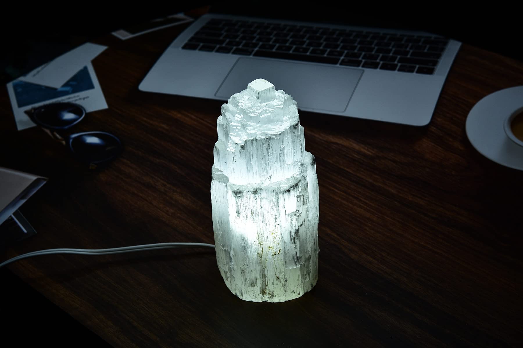 AMOYSTONE 8" Natural Selenite Crystal Lamp - White Gemstone Skyscraper Tower with LED Bulb Switch