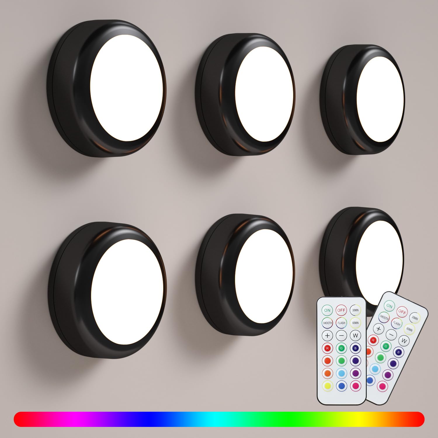 BESTDLCLITE LED Puck Lights, 16-Color Wireless Remote, Dimmable, 6 Pack, Black, Model BEST-PUCK LIGHTS-01