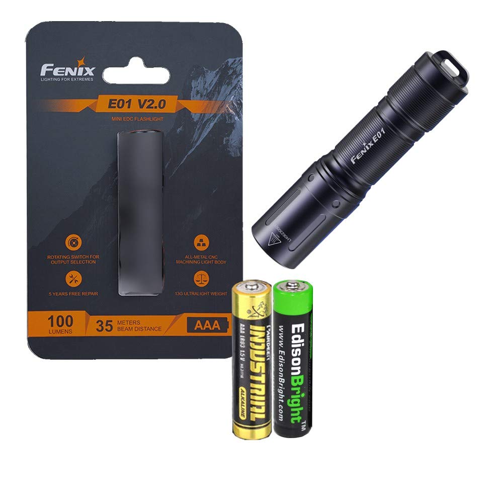Fenix E01 V2 LED Flashlight 100 Lumen Aluminum Black Model E01V2-EBRAAA with EdisonBright AAA Battery Bundle