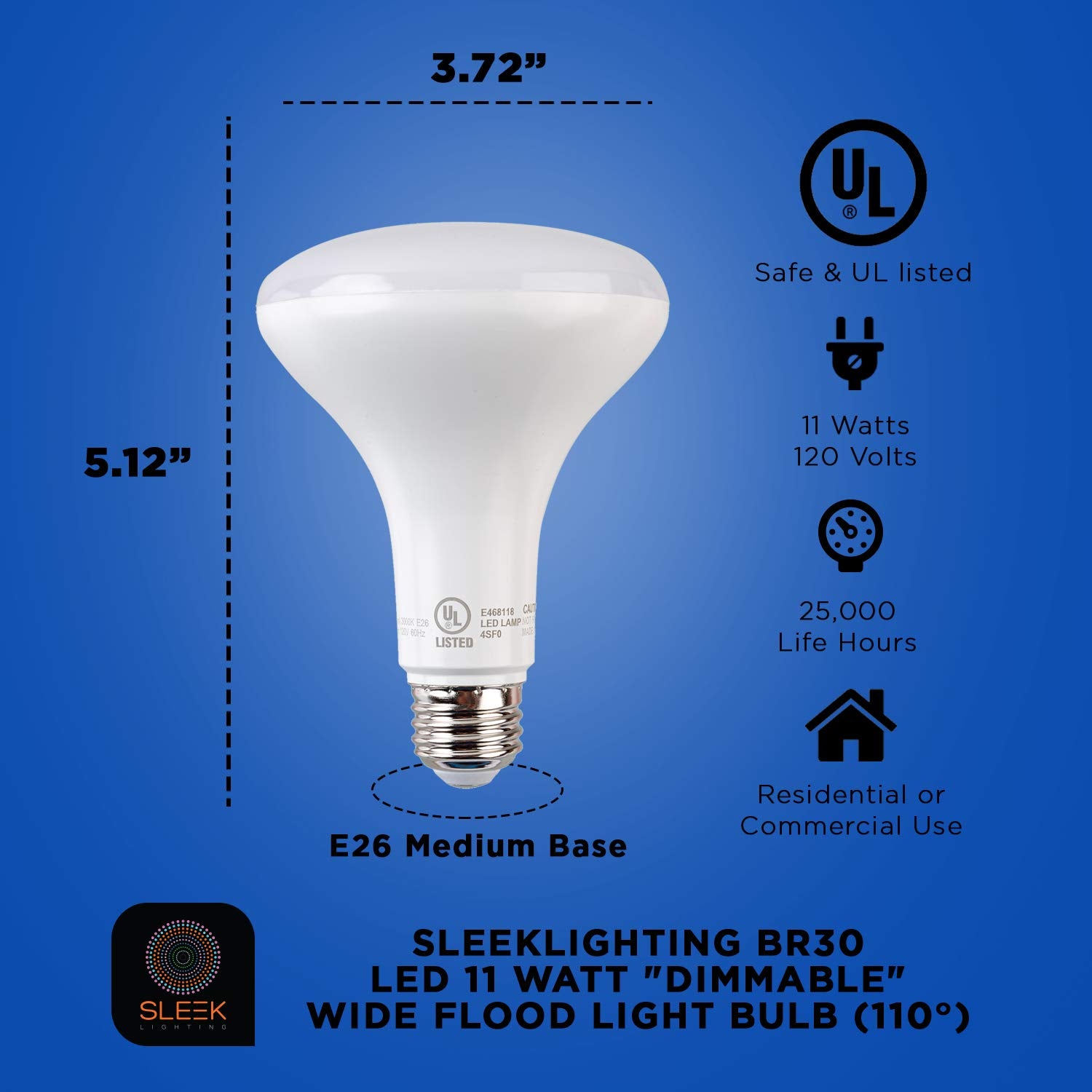 SLEEKLIGHTING BR30 LED Dimmable Flood Light Bulb 11W, 850 Lumens, E26 Base, 2700K, Pack of 4