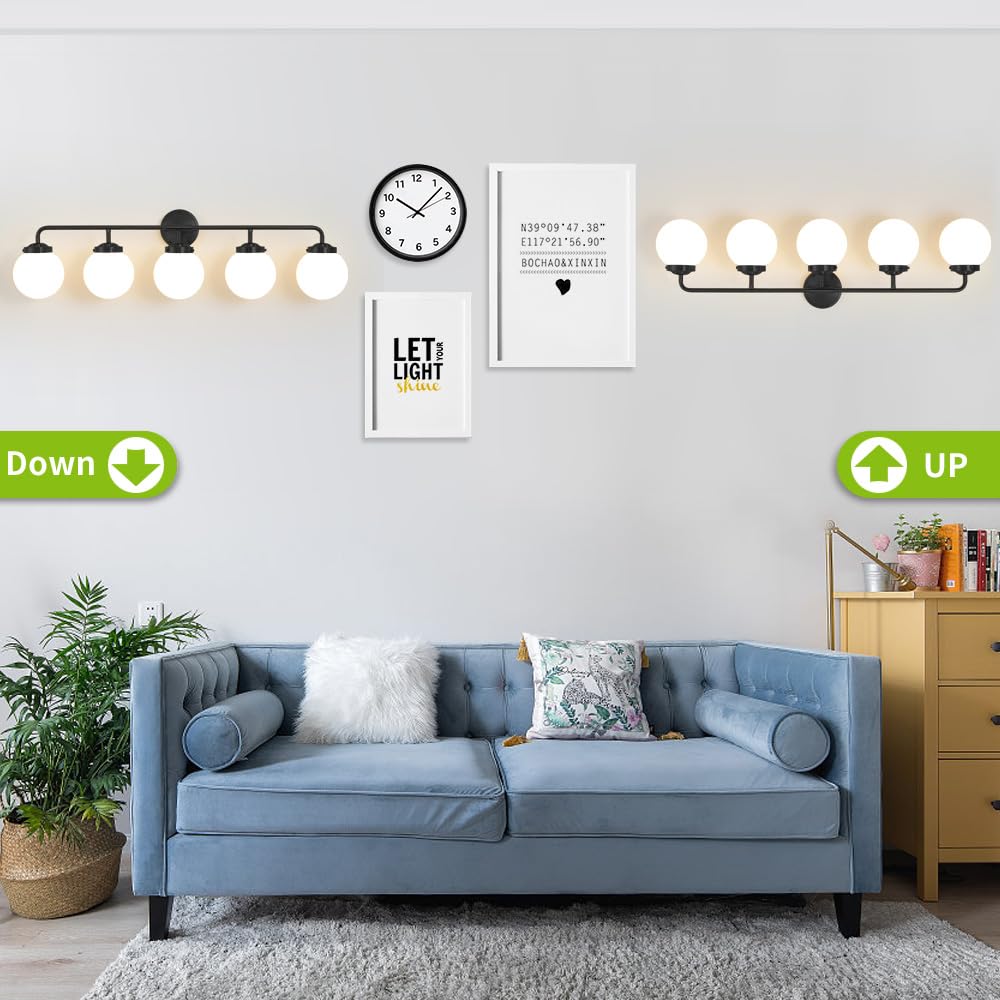 Deyidn Bathroom Light Fixtures Over Mirror, 5-Light Matte Black Vanity Lighting With Milk White Glass Globe Shades Modern Wall S