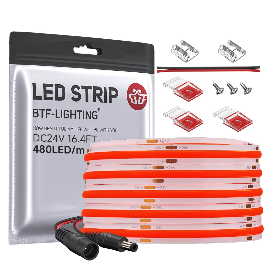 BTF-LIGHTING FCOB COB LED Strip Red Color 480LED/m 16.4FT DC24V Flexible High Density Uniform Light 8mm Width Bright Dimmable fo