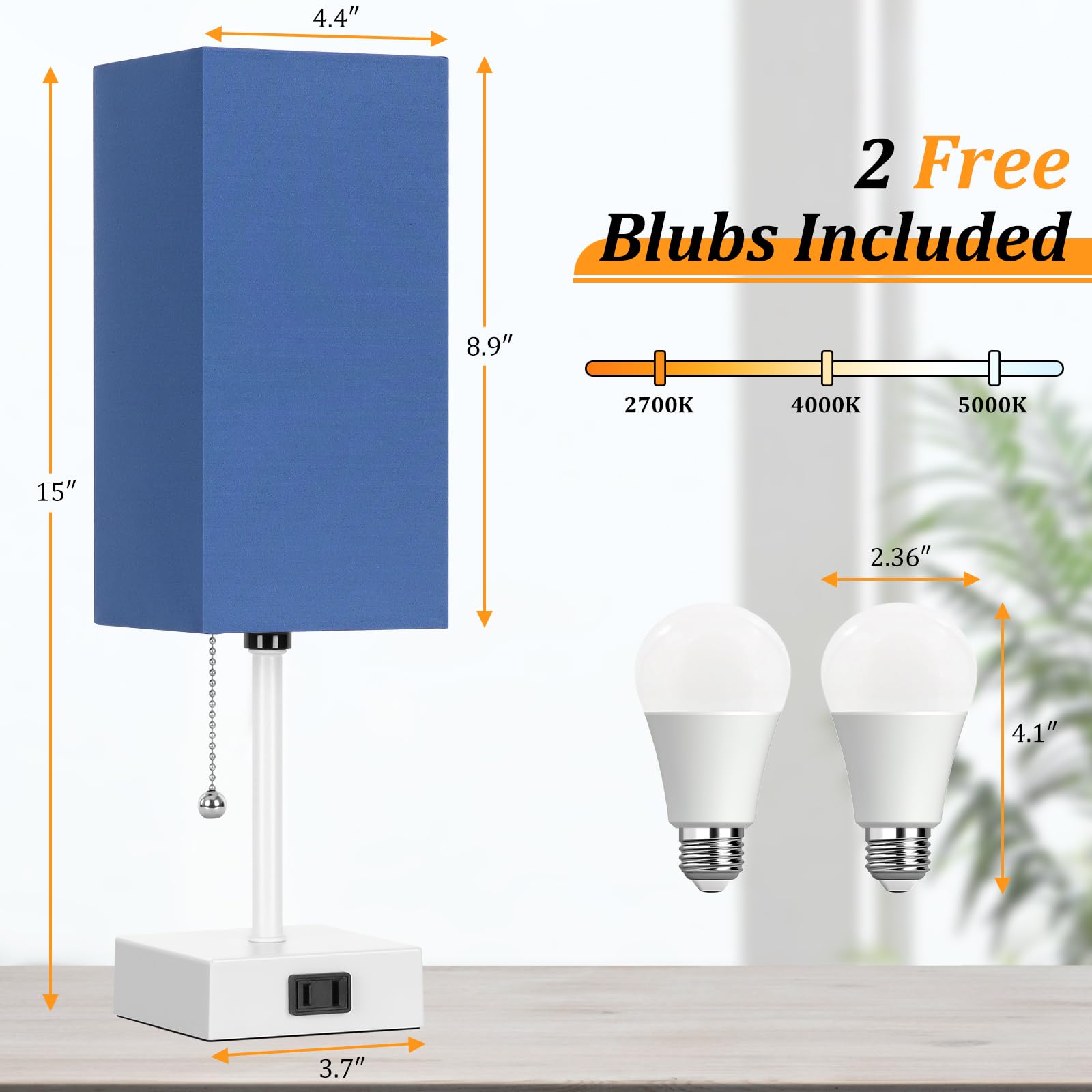 Dott Arts Table Lamp Set of 2, 15inch Metal 3-Color Bedside Lamps with Pull Chain, White-Blue, Model PTL6W-012