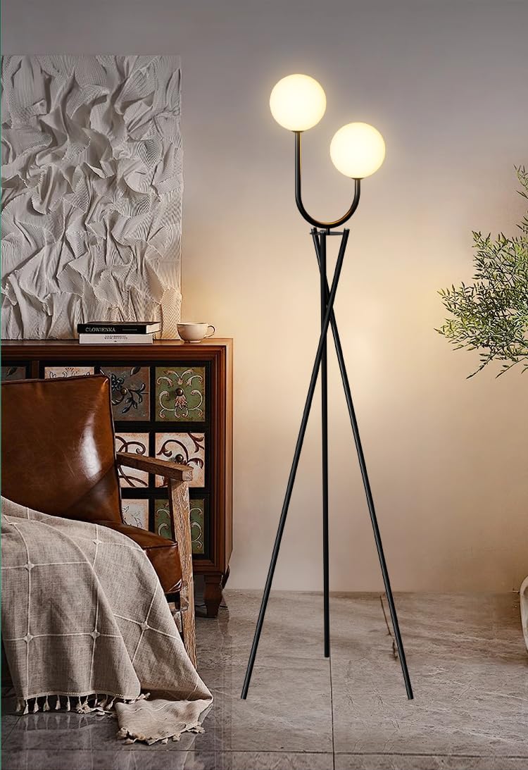 Lightdot Dimmable Black Tripod Floor Lamp, 3 Globe 3000K Bulbs, Modern Mid Century Design