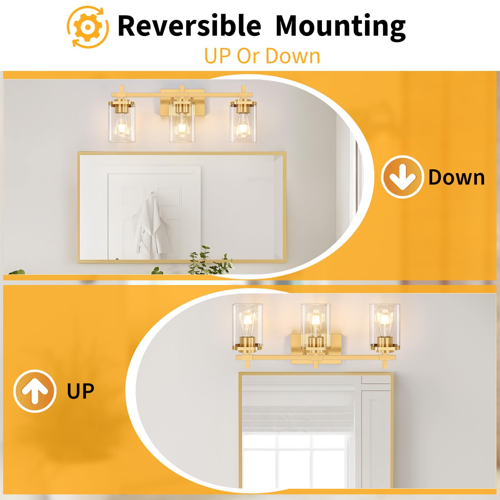 Spiglamm 3-Lights Bathroom Vanity Light Fixture, Brushed Gold Metal Wall Mount with Glass Shades, Model BG-Wall-3 Light