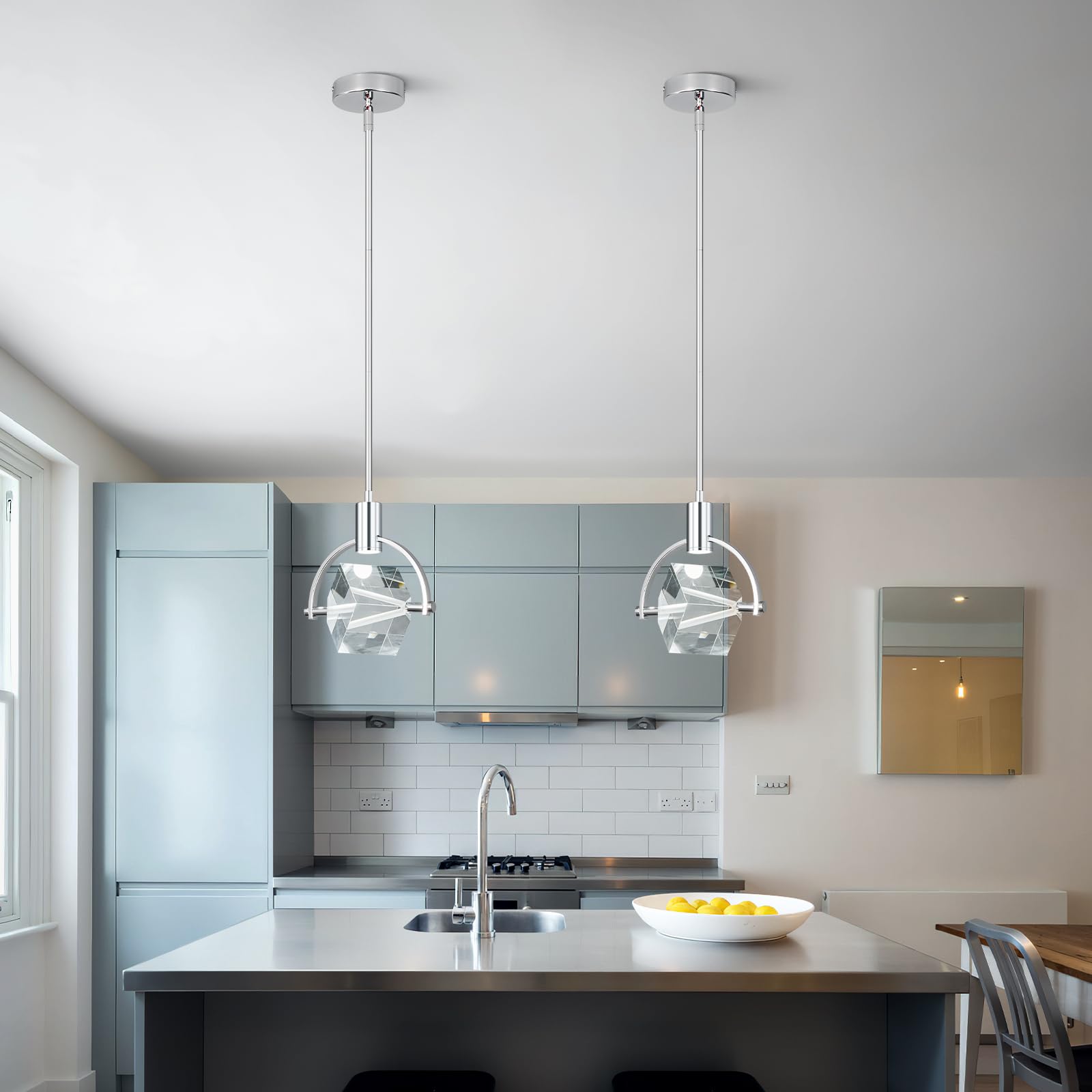 Liangmh Chrome Crystal Pendant Light Fixture, Modern Led Hanging Light For Kitchen And Dining Room