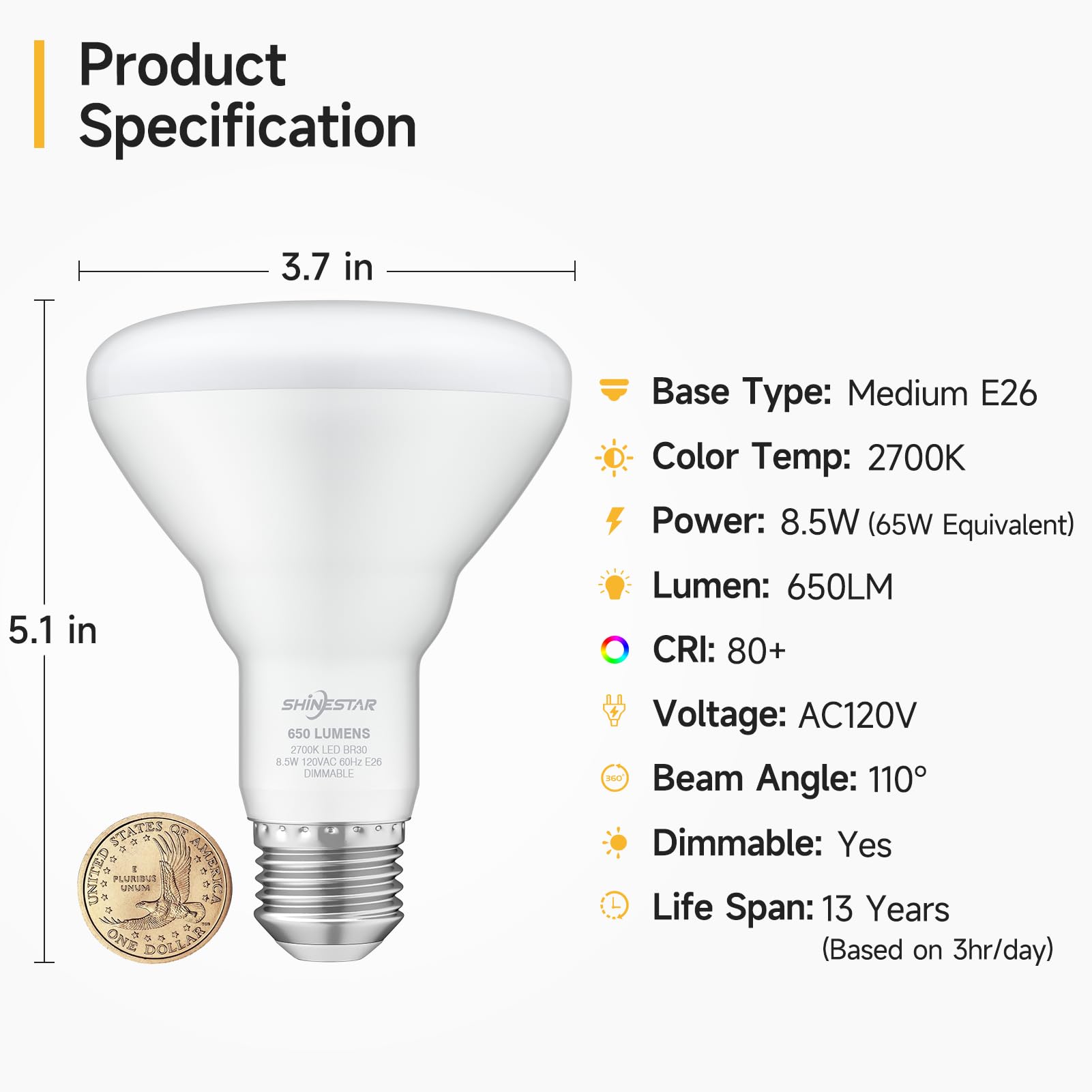 Shinestar Can Light Bulbs, Warm White 2700K, Br30 Led Recessed Lights For Ceiling, 65W Equivalent, Dimmable, 6-Pack