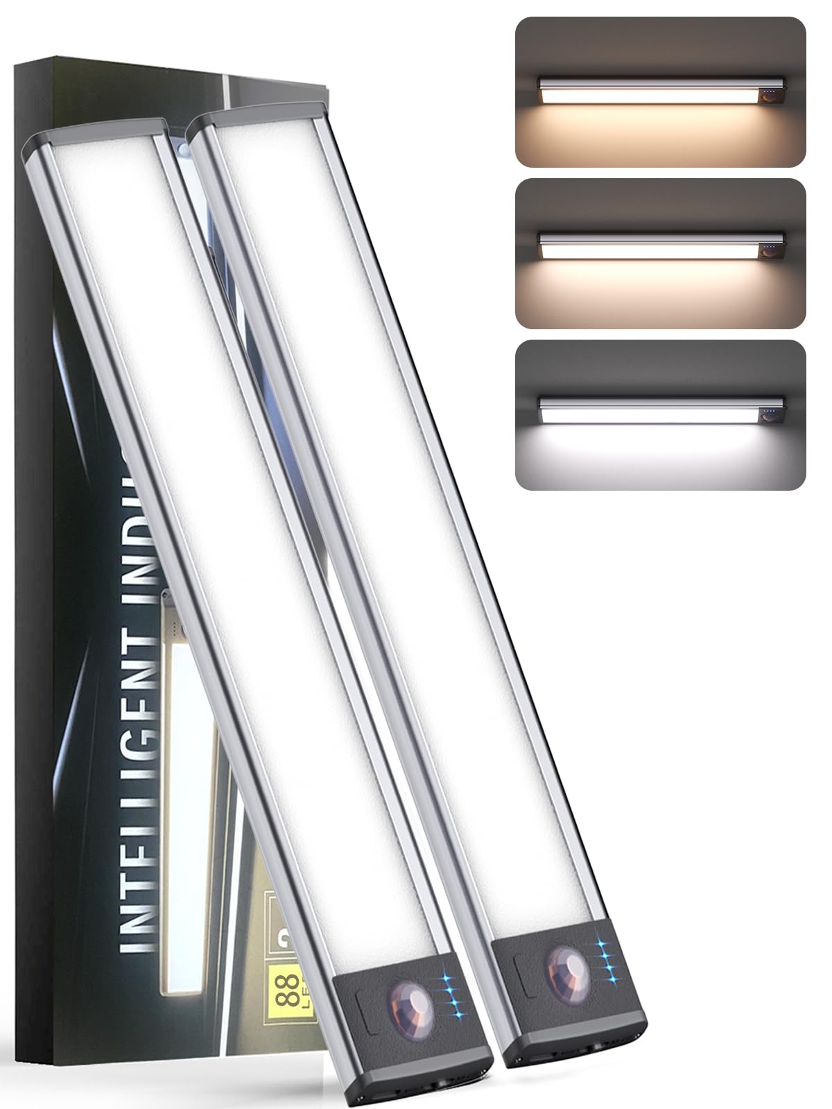 Yiger Under Cabinet Lighting 88 Led, Dimmable Motion Sensor, Rechargeable 2 Pack, Silvery