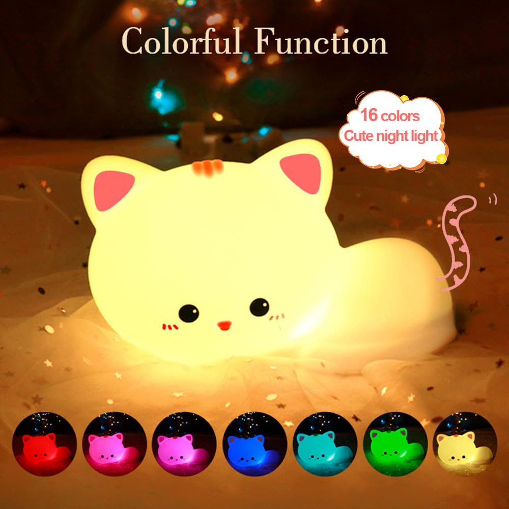 Myratts Led Cute Cat Night Light, 16 Colors Dimmable Nursery Kawaii Nightlight, Super Squishy Silicone USB Rechargeable Remote C