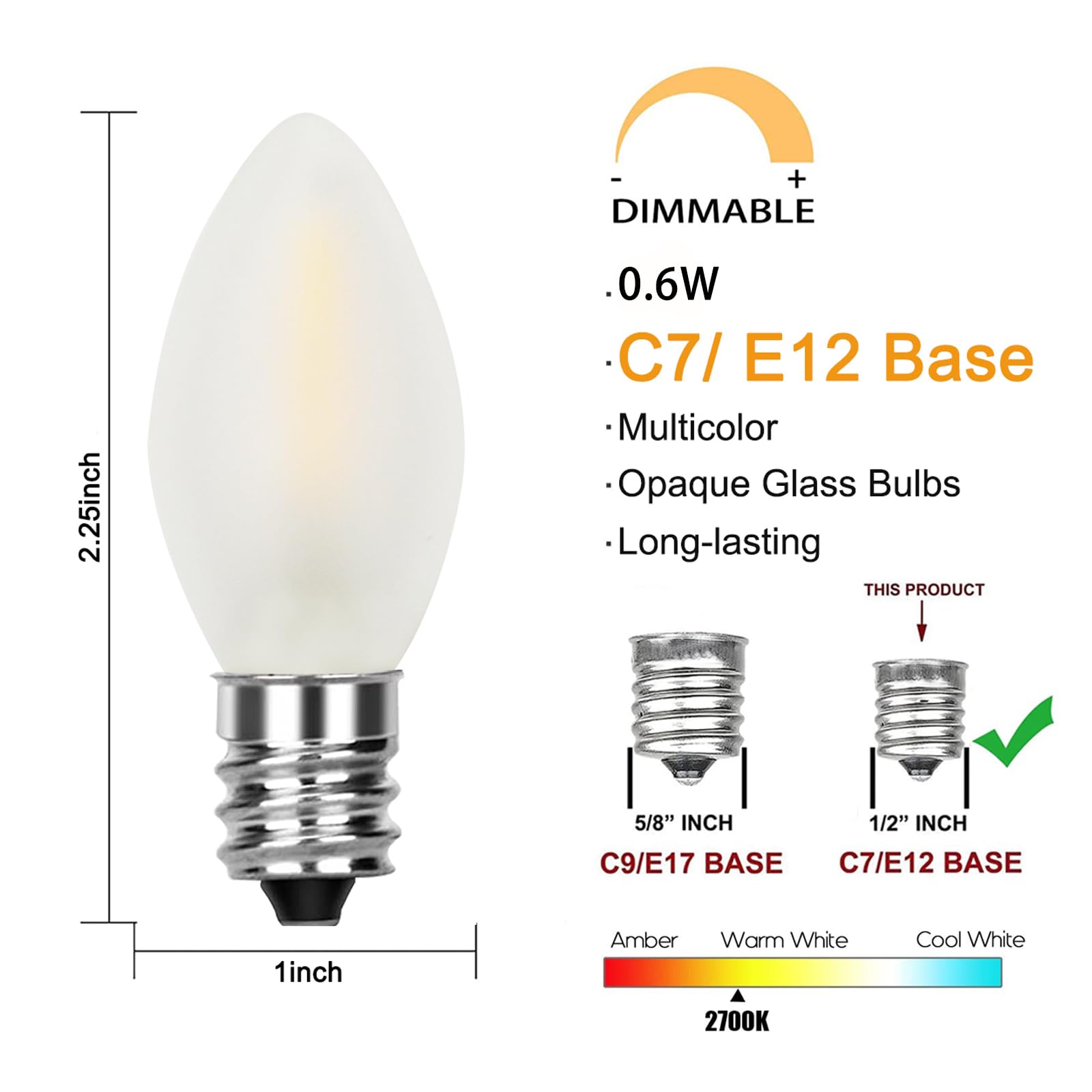 Goothy 25 Pack C7 Led Frosted White Light Bulbs, Shatterproof Christmas Replacement Bulb For Outdoor Patio String Lights, E12 Ca