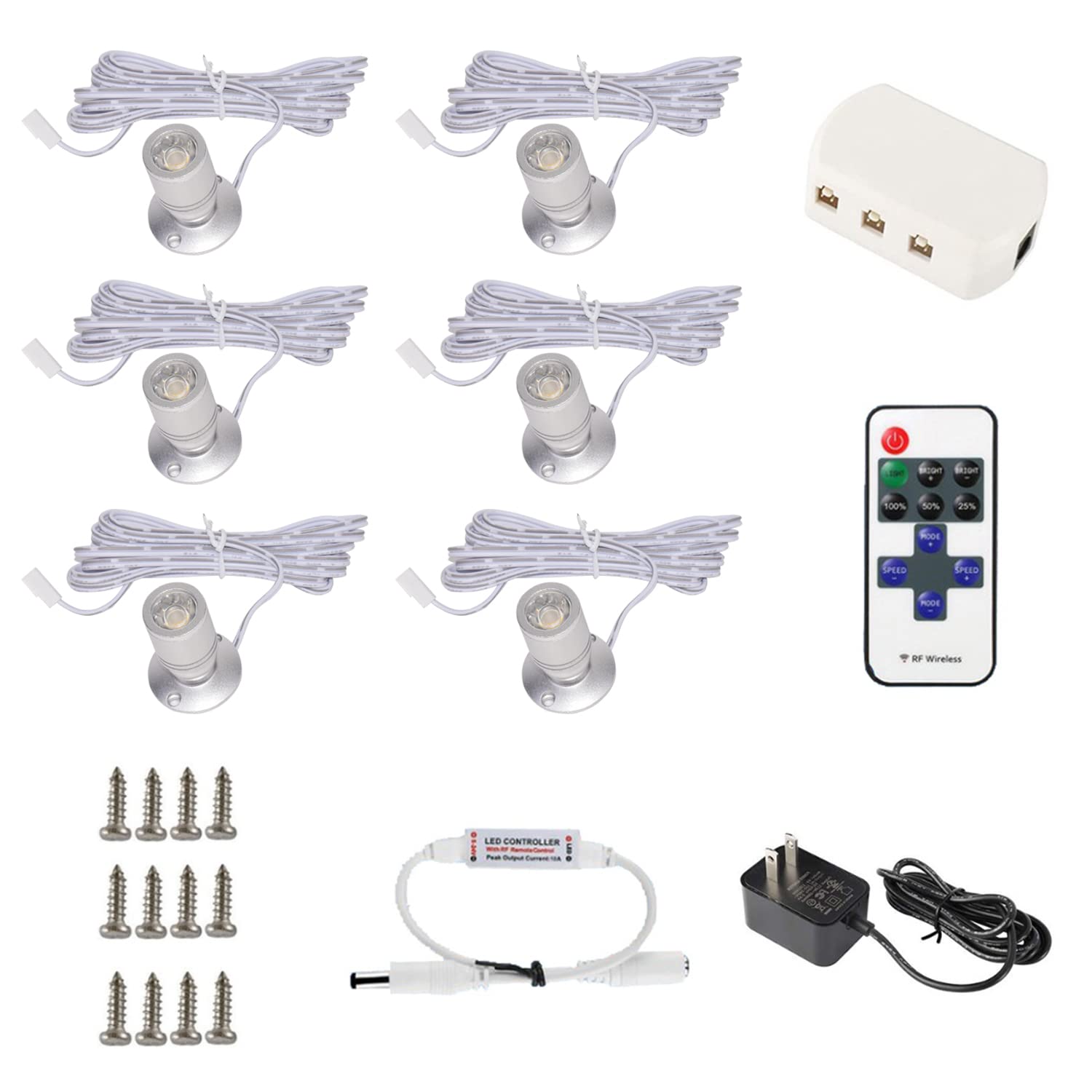 Dedc 6Pcs Mini Led Spot Lights, 1.5W Dc12V 3000K Under Cabinet Lights With Wireless Ir Dimmer, Mini Spotlights For Showcase Displays (Warm White-Remote Control-U.S. Plugs)