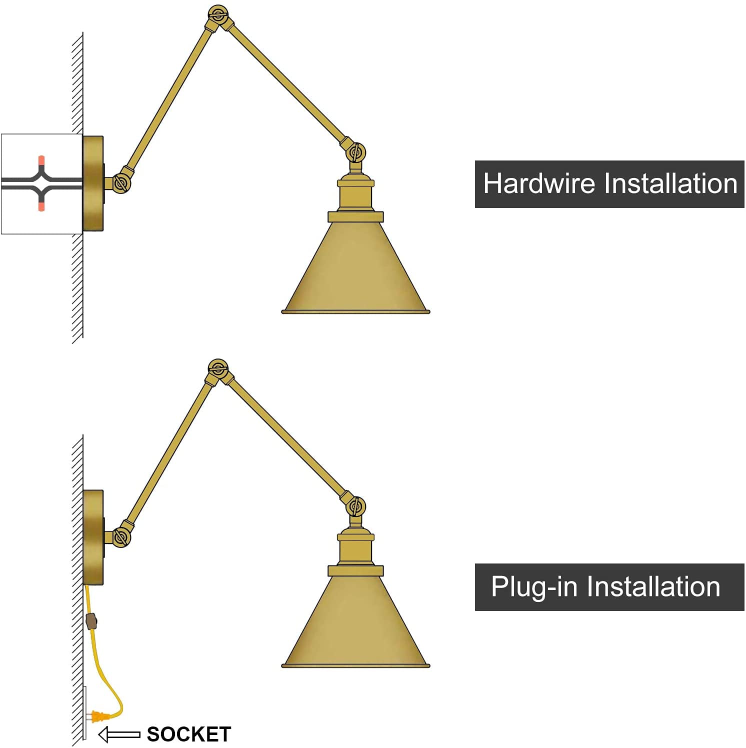 Gepow Gold Wall Sconce Lighting, Adjustable Swing Arm Plug-In Or Hardwired Lamp With Orange Cord