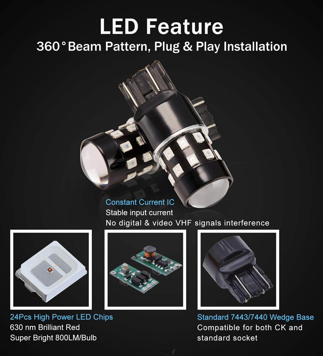 Brishine Super Bright 7443 7440 7444 992 T20 Led Bulbs Brilliant Red 9-30V Non-Polarity 24-Smd Led Chipsets With Projector For Brake Tail Lights, Turn Signal Lights(Pack Of 2)