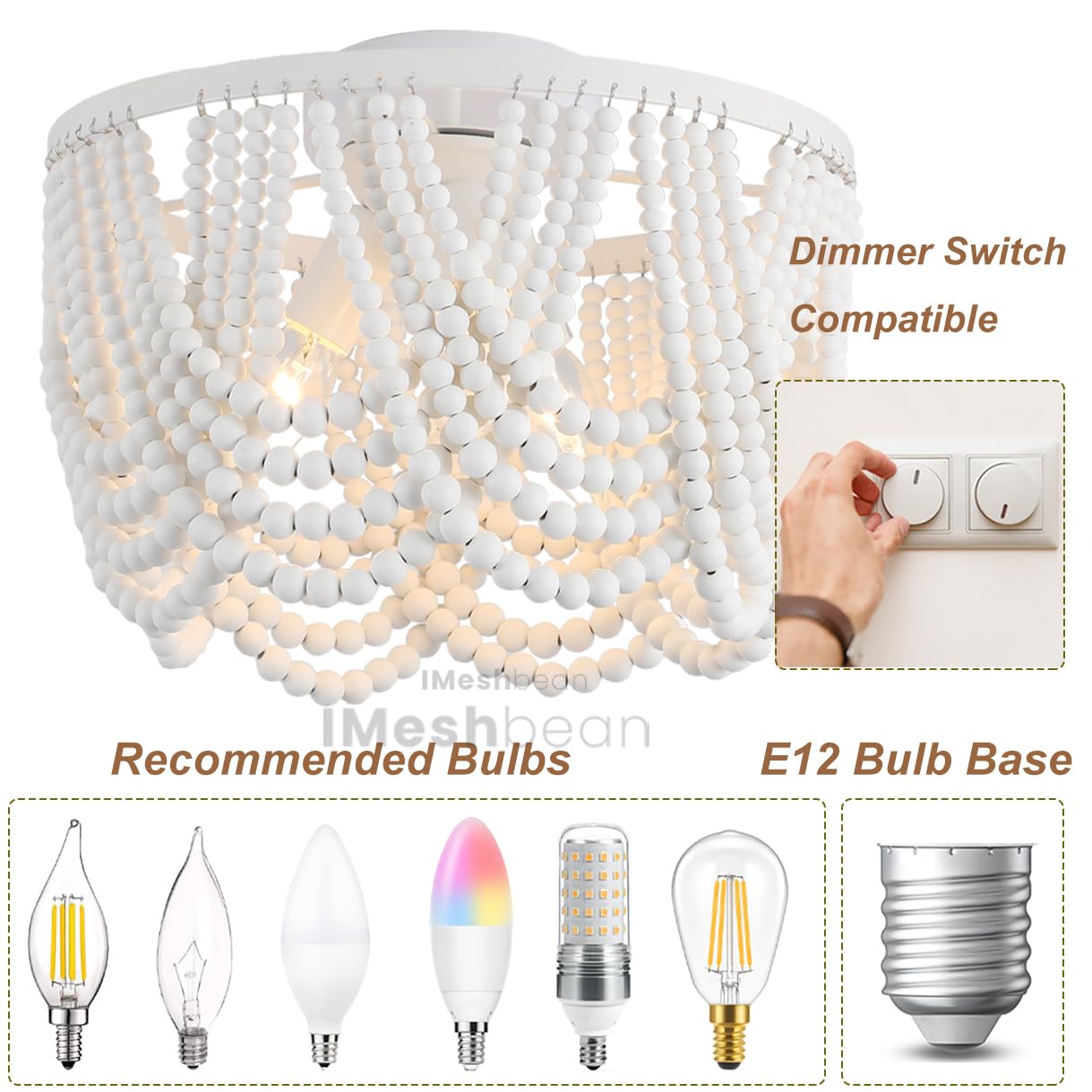 Imeshbean Wood Beaded Chandelier, 12.6In Bohemian Light Fixture For Dining Room, Bedroom, Living Room