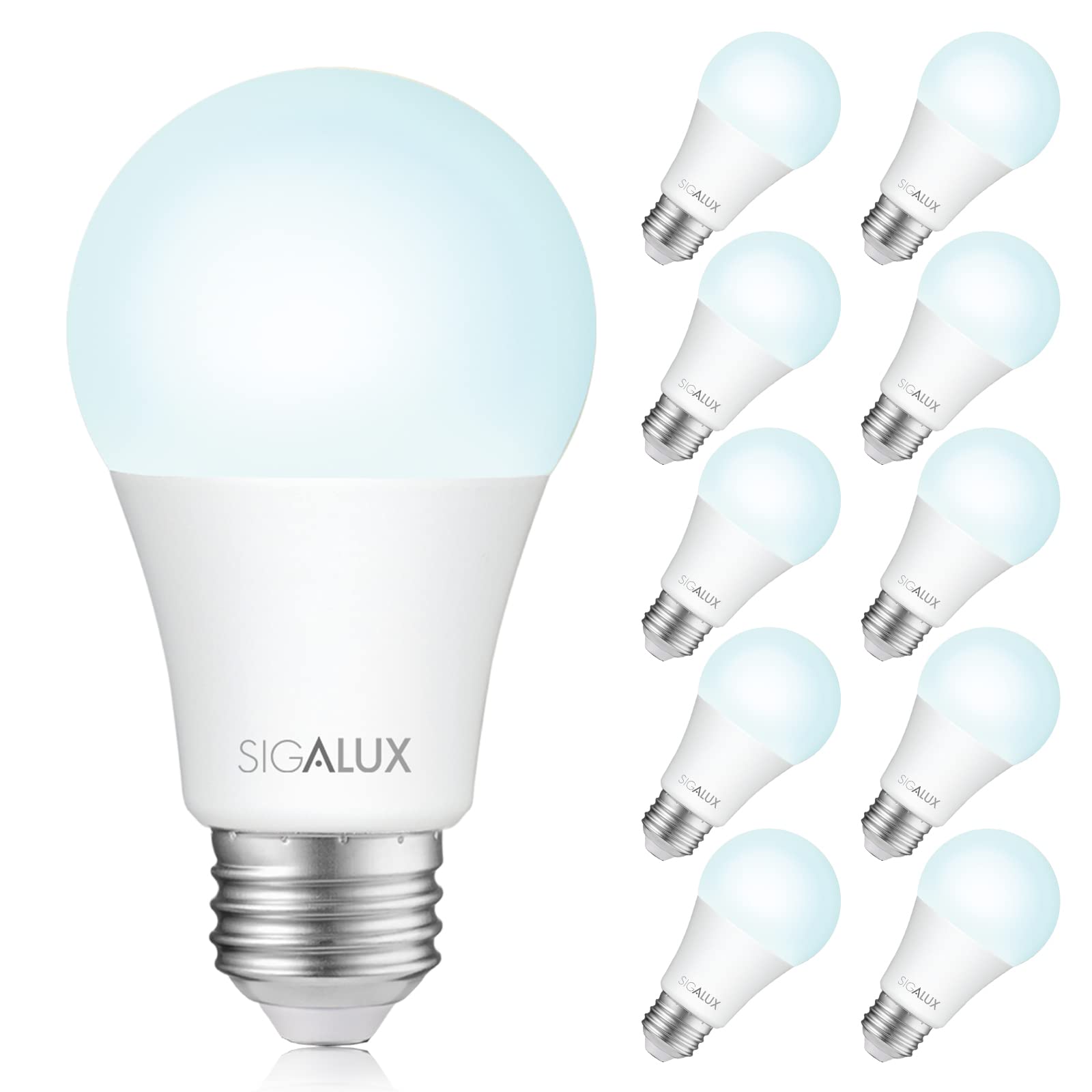 Sigalux 60W Equivalent A19 Led Light Bulb, Daylight Led Light Bulbs 5000K 800Lm E26 Medium Base, Non-Dimmable Led 9.5 Watt Stand