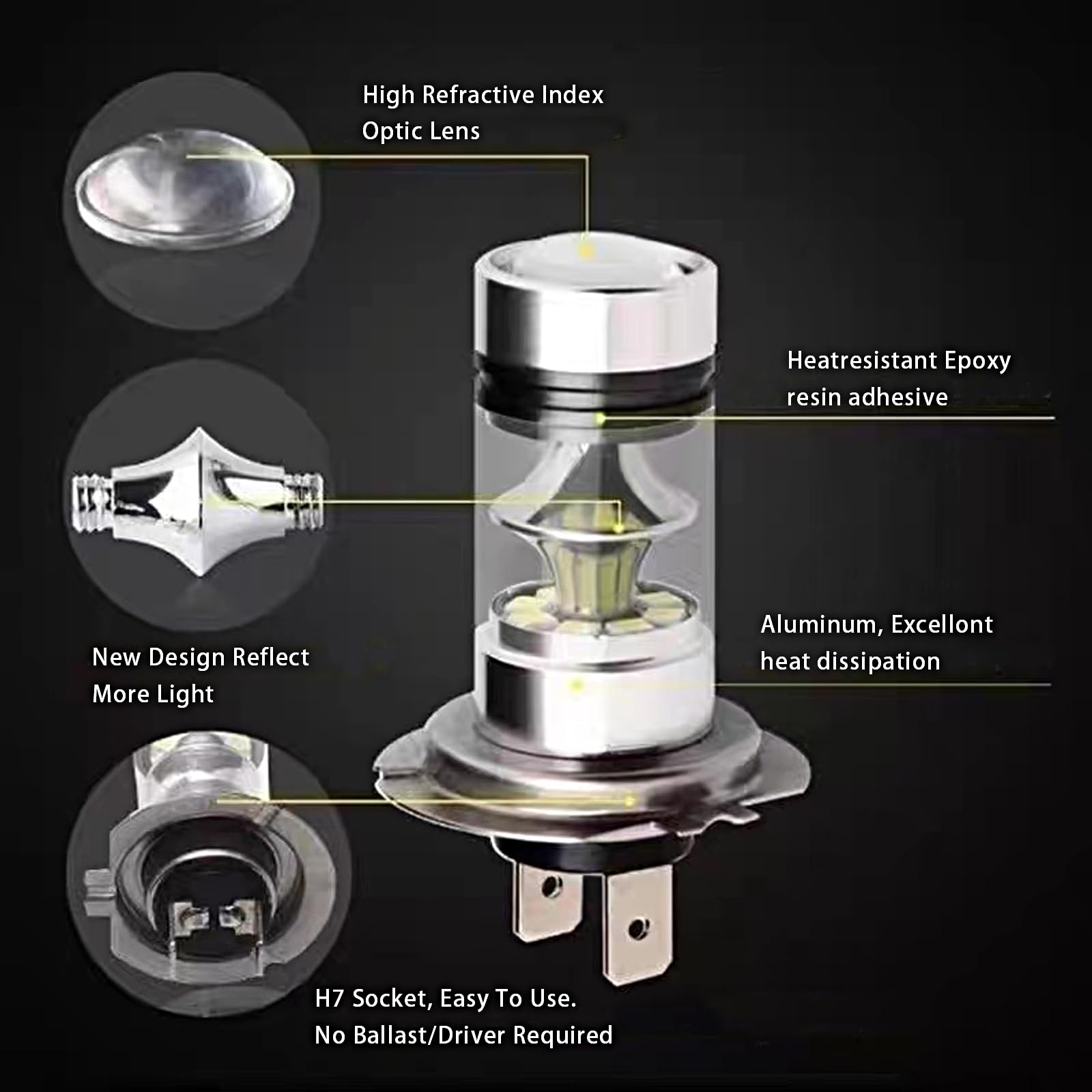 Flygun H7 LED Car Fog Light Bulbs – 12V 100W, 6500K White Light, 2 PCS, Metal, Plug-and-Play, Universal Fit