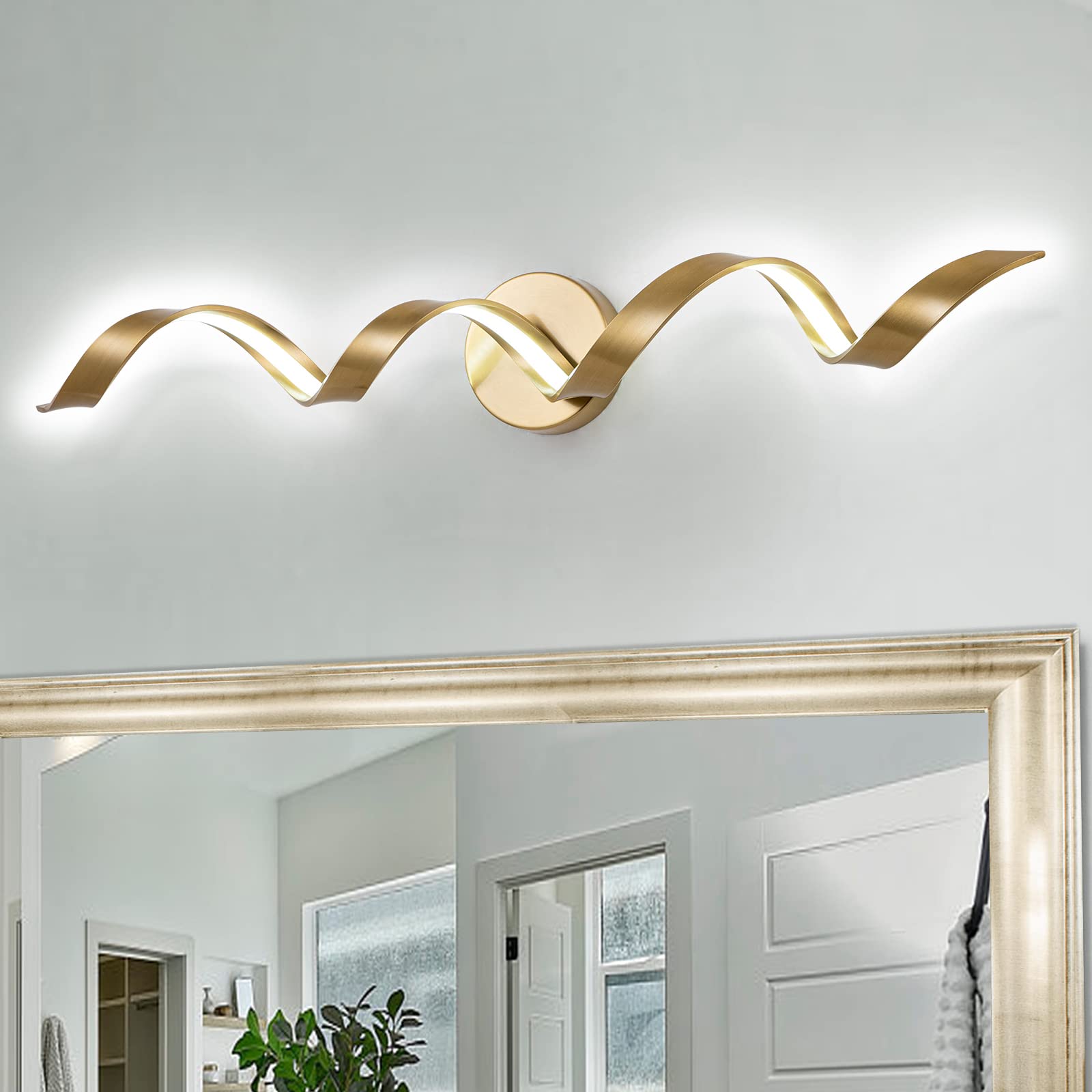 Huoku 32" Dimmable Led Bathroom Vanity Light, Gold Spiral Design, 20W, 6000K White Light