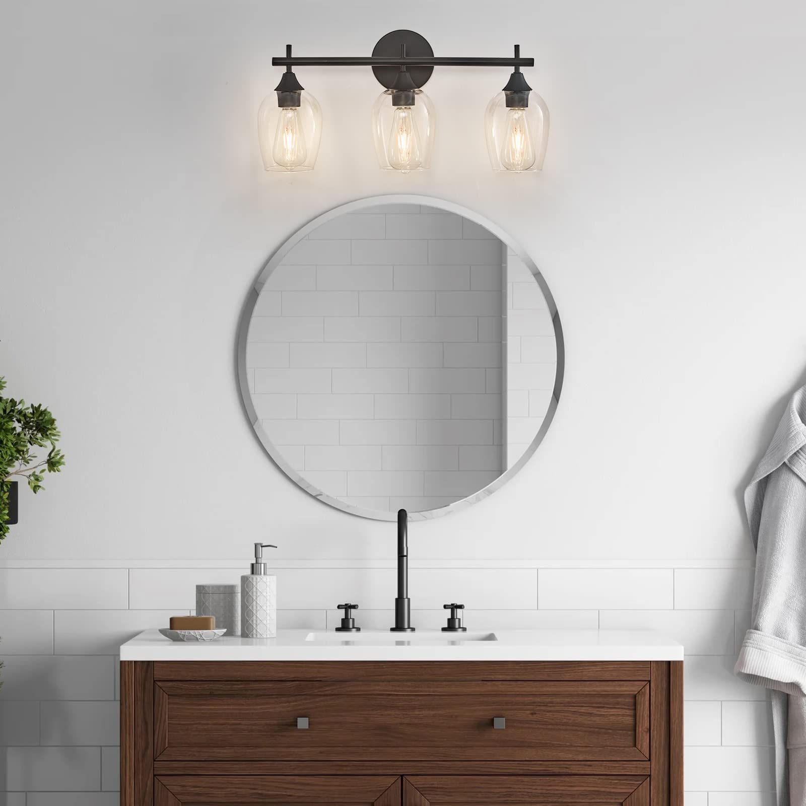 XGFOURSEVEN 3-Light Black Bathroom Lighting Fixture, Vintage Vanity Light with Clear Glass Shade,Modern Wall Lamp for Bedroom Ha