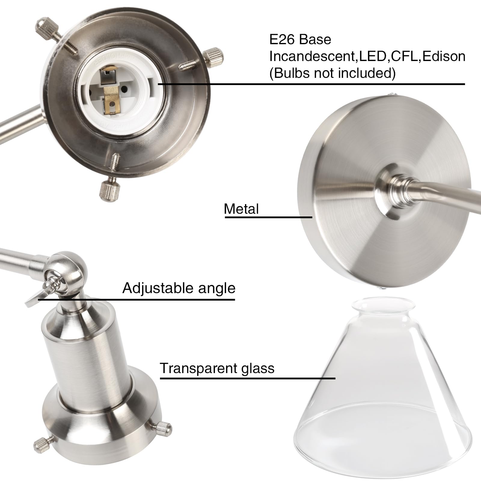 PERMO Industrial Vintage Wall Sconce Light Fixture, Funnel Flared Clear Glass Shade, Brushed Metal, Model Y410, 1-Light Hardwired