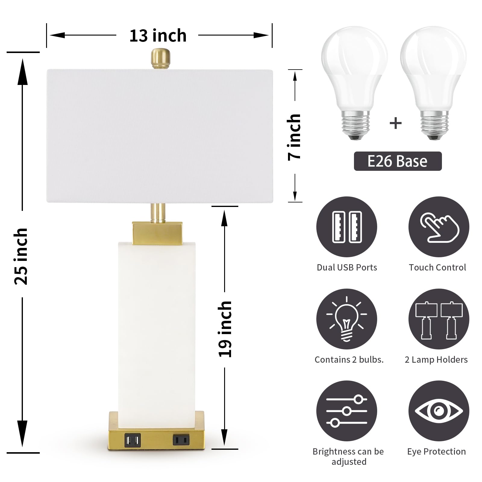 Velxee Table Lamps Set Of 2, 3 Way Dimmable Real Marble Modern Coastal Nightstand Bedside Lamps With 2 Usb Ports 1 Ac Outlet For