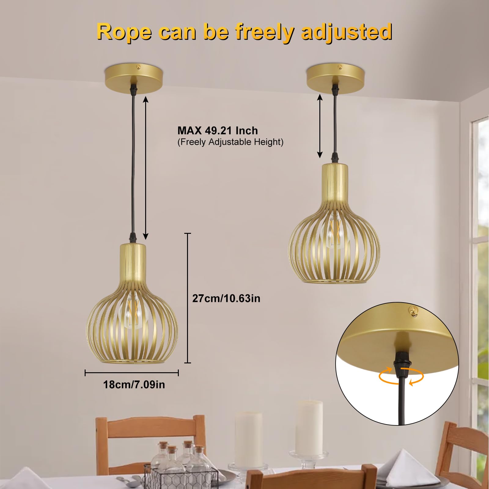 Dllt 2-Pack Gold Pendant Light Fixtures, Adjustable Pendant Lighting Over Sink, Farmhouse Metal Pendant Lights Kitchen Island, V