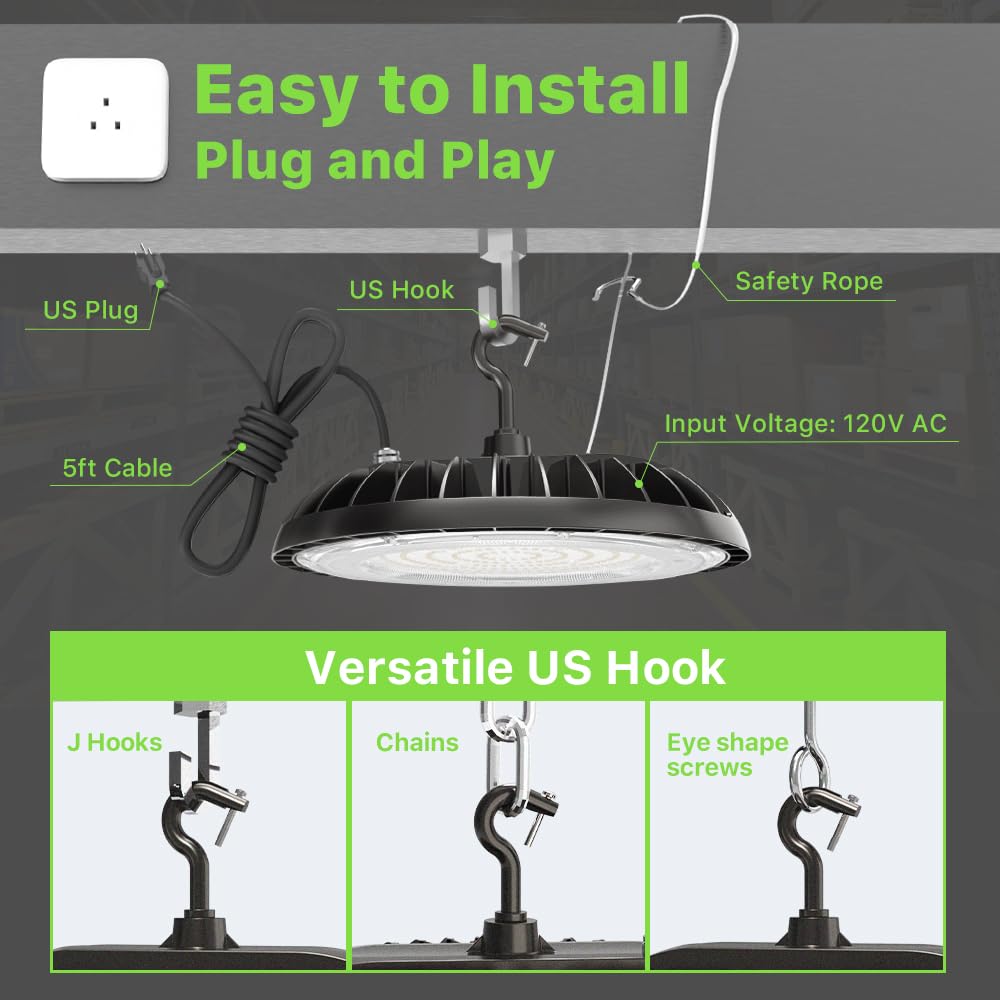 Glitgate Led High Bay Light 150W, 21000Lm 5000K Ufo Lights(600W Mh/Hps Equiv.),Commercial Bay Lighting With 5Ft Cable Us Plug For Garage Shop Barn Warehouse, 6 Pack