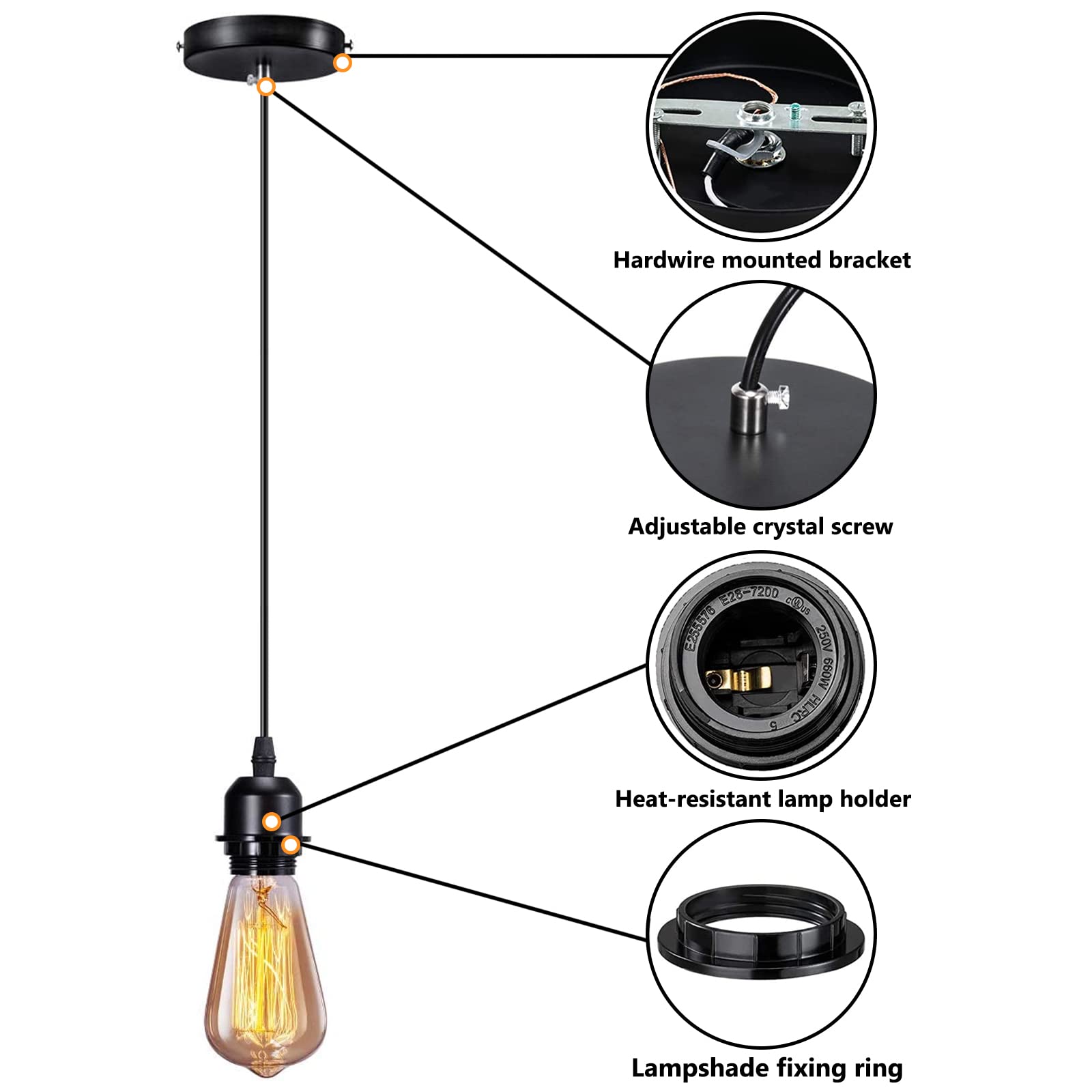Elibbren Mini Pendant Light Kit, E26/E27 Base, Vintage Style, Metal, Black, 4 Pack