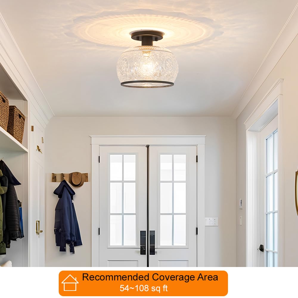 Oiyio Black Vintage Semi-Flush Mount Ceiling Light With Globe Glass. Ideal For Small Kitchen, Closet, Hallway, Entryway, And Bat