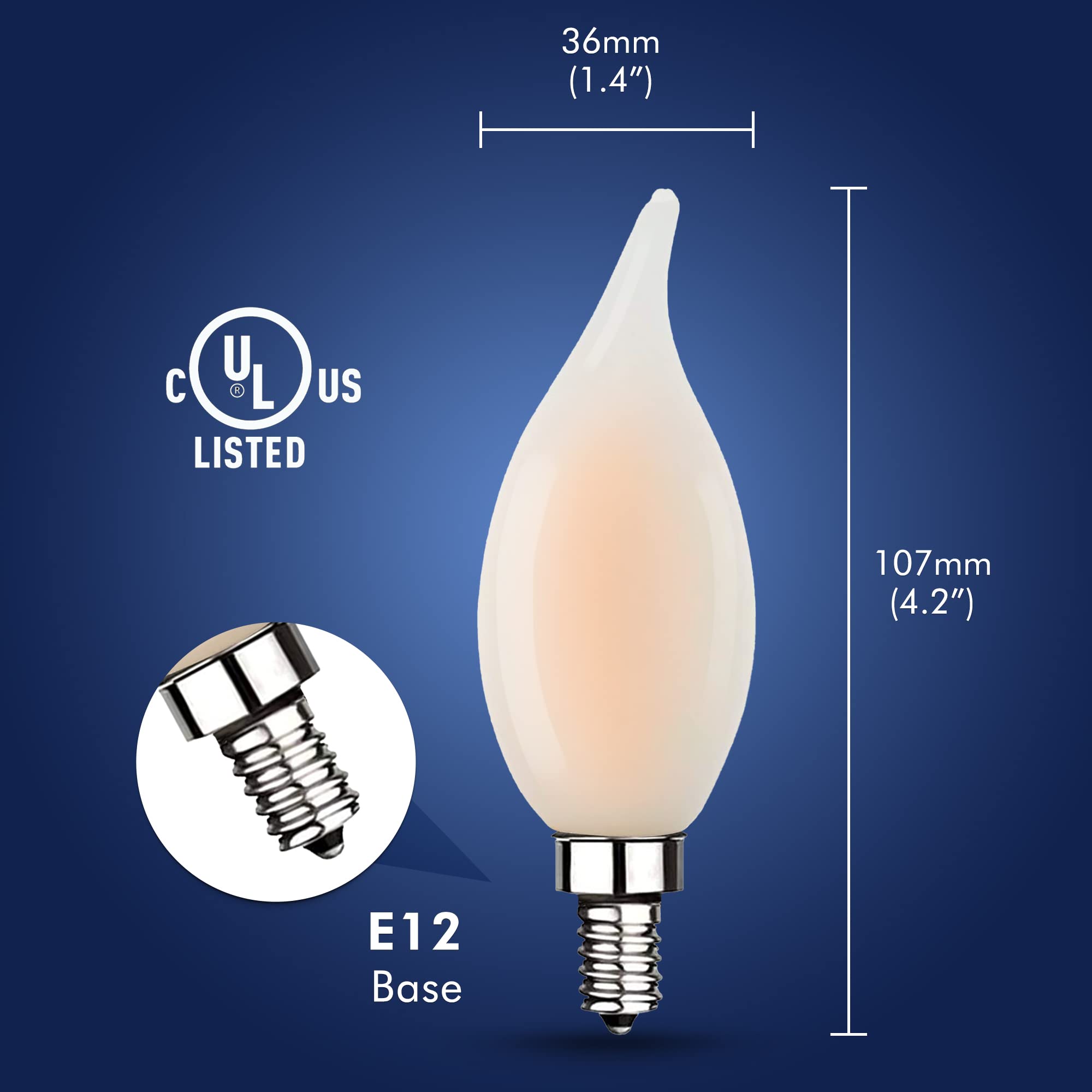 Xtricity LED 6W Flame Tip Frosted E12 Candelabra Bulb 60 watt Equivalent, 500 Lumens, 3000K Soft White, Dimmable, 120V, E12 Cand