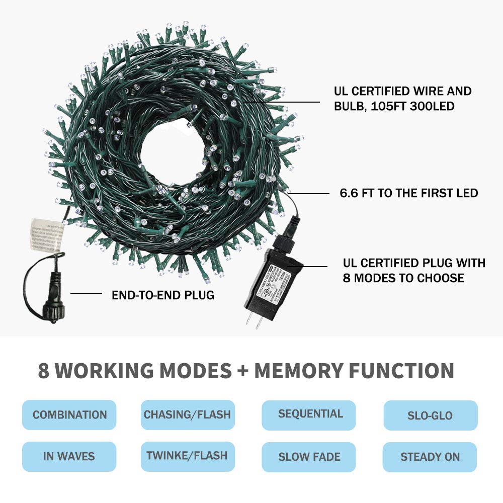 VTECHOLOGY 300 LED Christmas String Lights, Multicolor, Indoor/Outdoor, 8 Modes, UL Certified, Model QL300IE