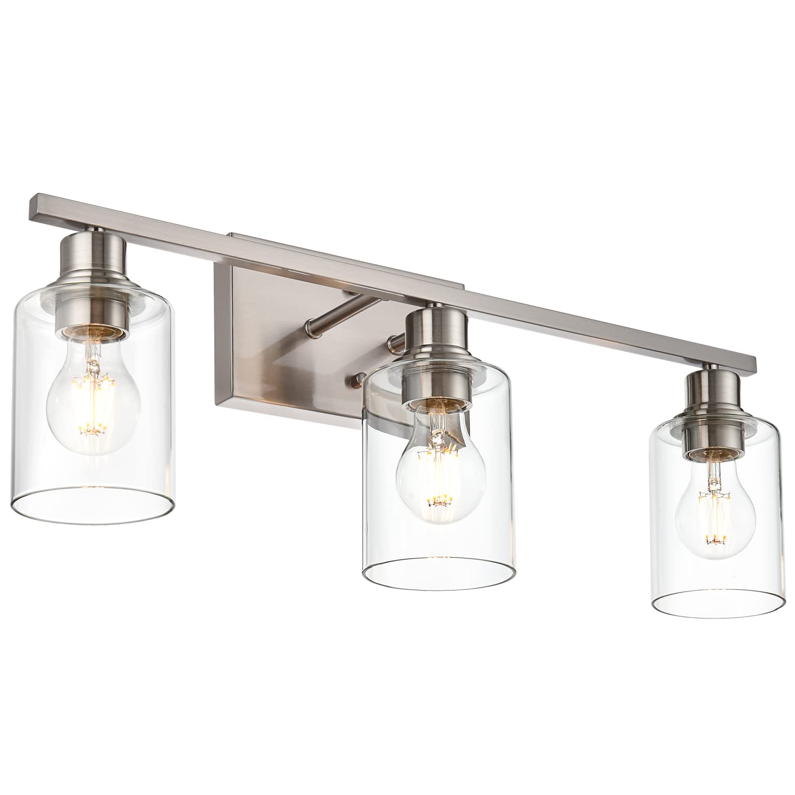 VINLUZ 3 Light Indoor Vanity Light Fixture, Brushed Nickel with Clear Glass Shade, Farmhouse Bathroom Lighting for Mirror, Porch, Workshop