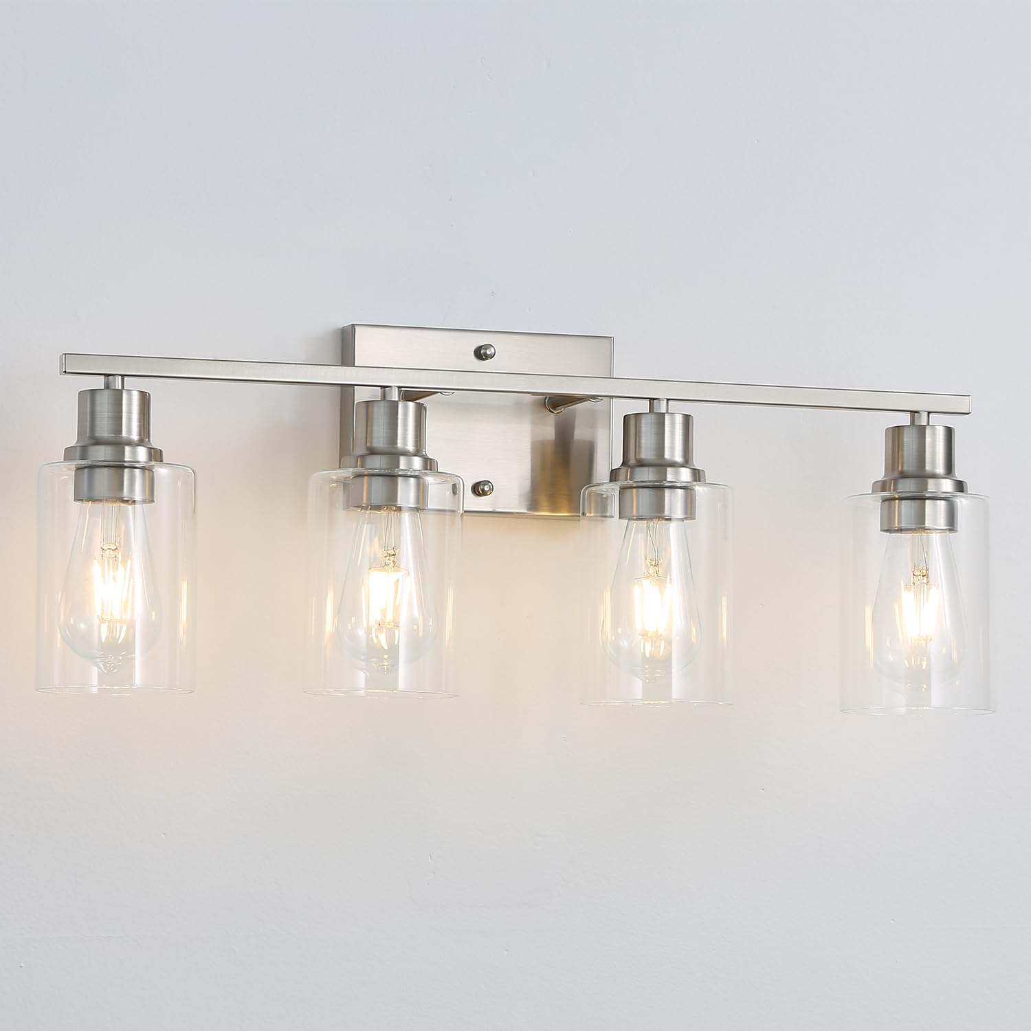 Jodauirt Modern Wall Lighting 4-Lights Brushed Nickel Wall Lamp Fixtures,24" Vintage Wall Sconces With Clear Glass Shades, Farmhouse Bathroom Vanity Light ?For Mirror,Bedroom,Living Room
