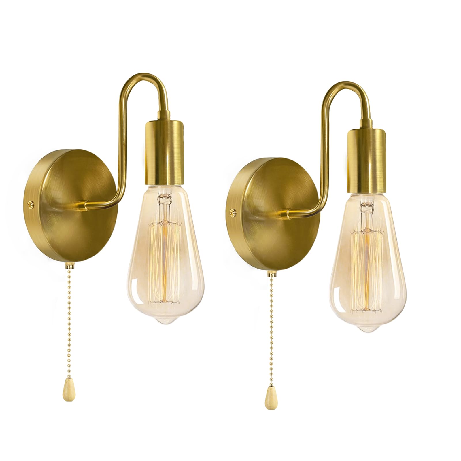 Dtiedy Hardwired Wall Sconce With Pull Chain Set Of 2 Gold Wall Lights Fixtures With On Off Switch E26 Vintage Metal Indoor Wall Lighting For Mirror Hallway Bedroom  No Bulb