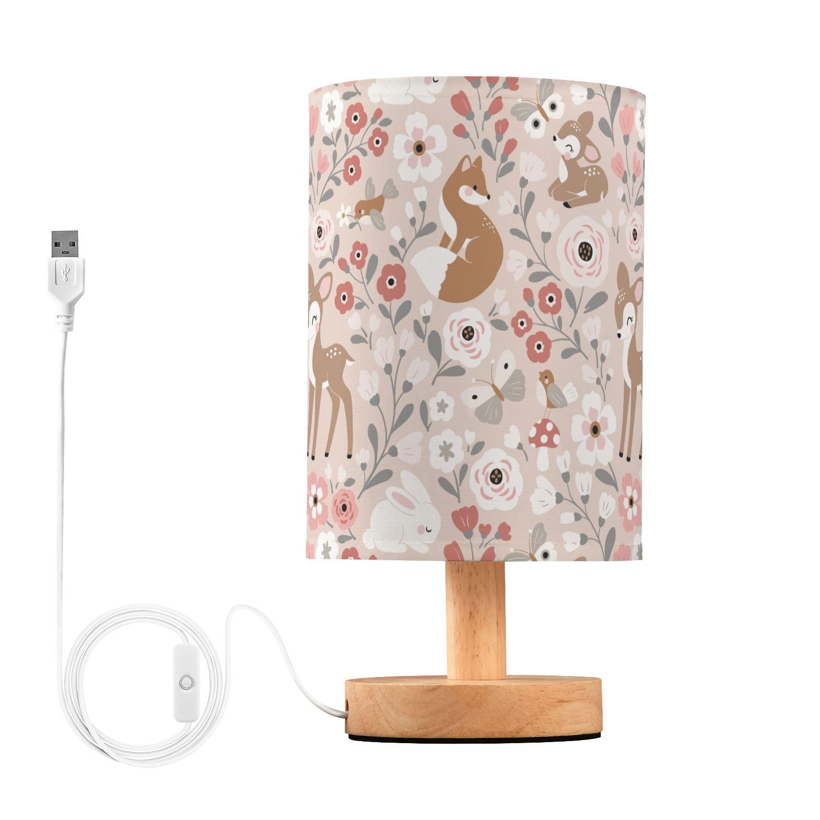 Oarencol Bedside Table Lamp Cute Animals Flowers Nightstand Lamp with Wood Fox Deer Rabbit Birds Butterfly Desk Lamps for Bedroo